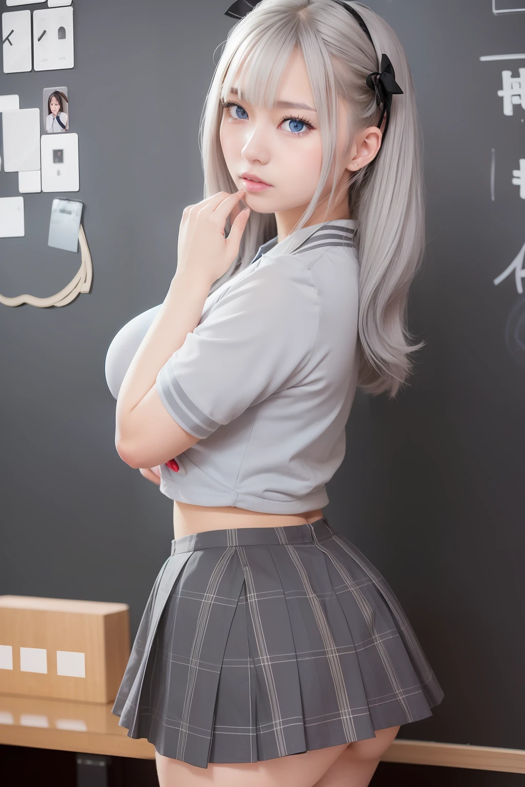 arafed asian woman in a school uniform posing in front of a blackboard, a hyperrealistic schoolgirl, wearing japanese school uniform, hyperrealistic schoolgirl, japanese girl school uniform, wearing school uniform, japanese school uniform, realistic schoolgirl, girl wearing uniform, cute schoolgirl, wearing a school uniform, jk uniform, school girl, korean girl, (1girl blue eyes light grey hair), big ass full breasts until waiting wearing, (mini sexy swinging skirt round: 1.3), varied poses.