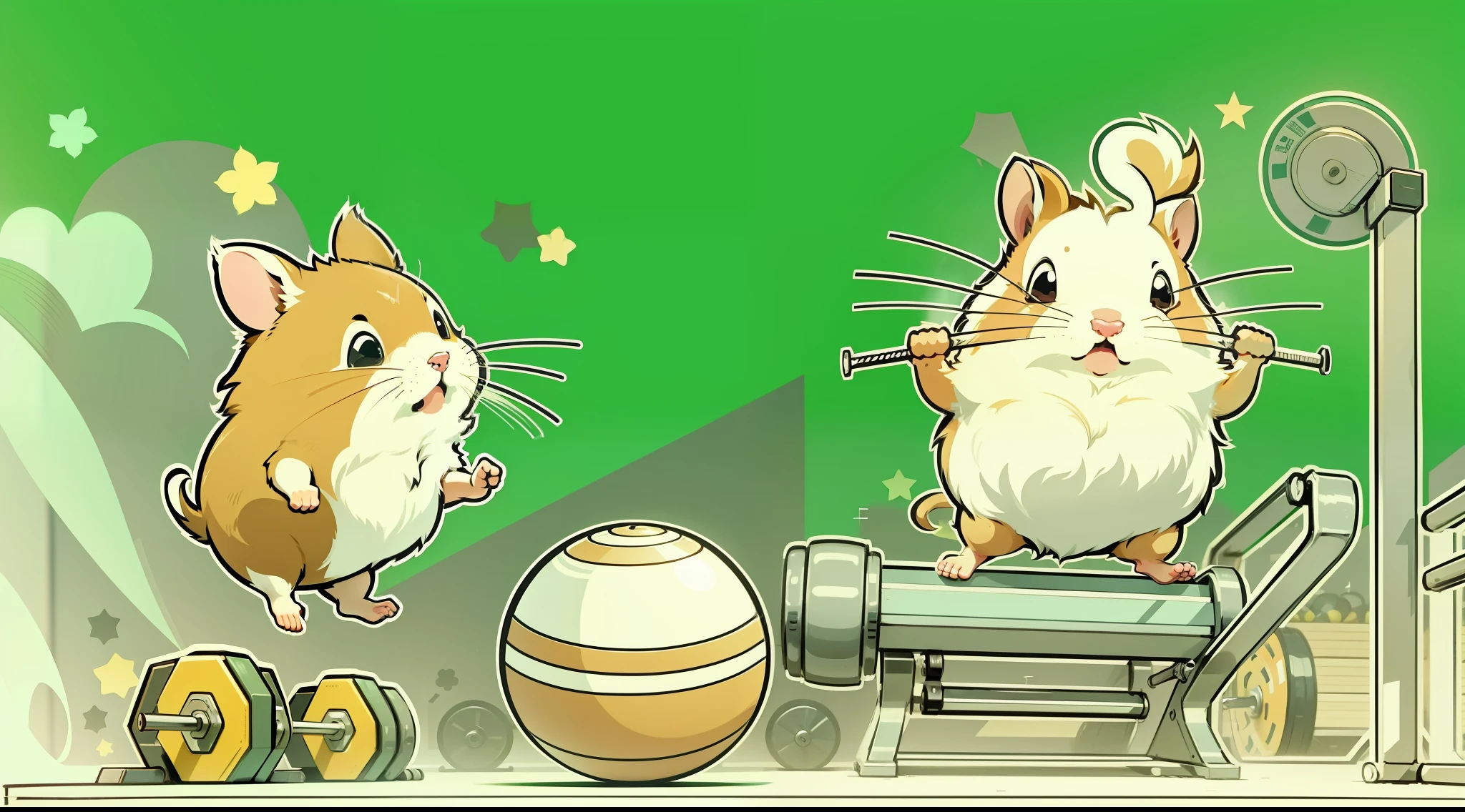 Fairy tale picture book，Hamster gym，Treadmill，jogging，lifting weights，Fitness balls， flags， vectorial， Line art， designs， Inspiration， straightened， 对称