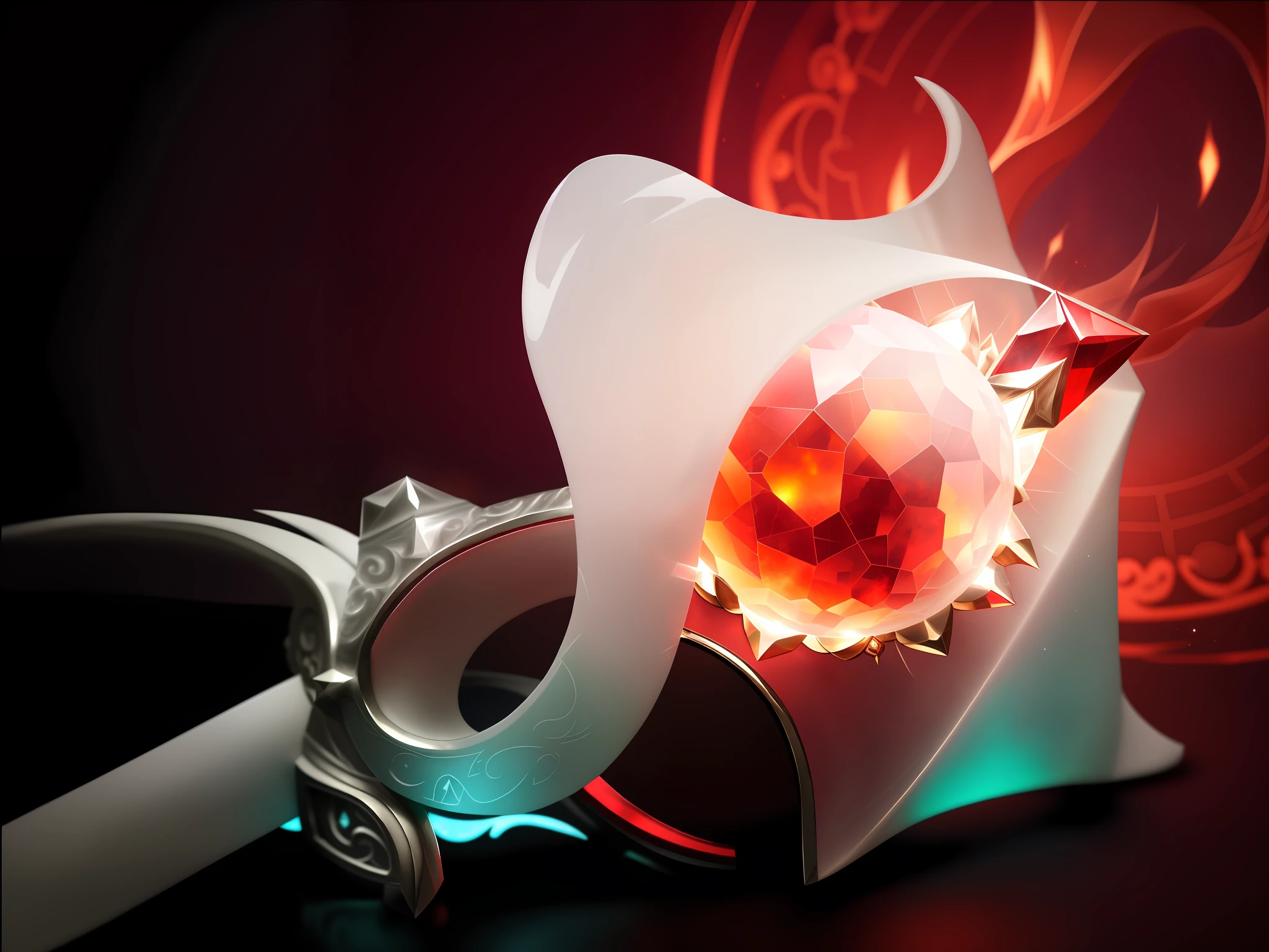 Close-up of the white jade staff,The handle is made of Mithril silver,In the center of the white jade staff, This burning garnet is suspended,A red gemstone that glows red,Garnet born from the Flame Demon,red flames