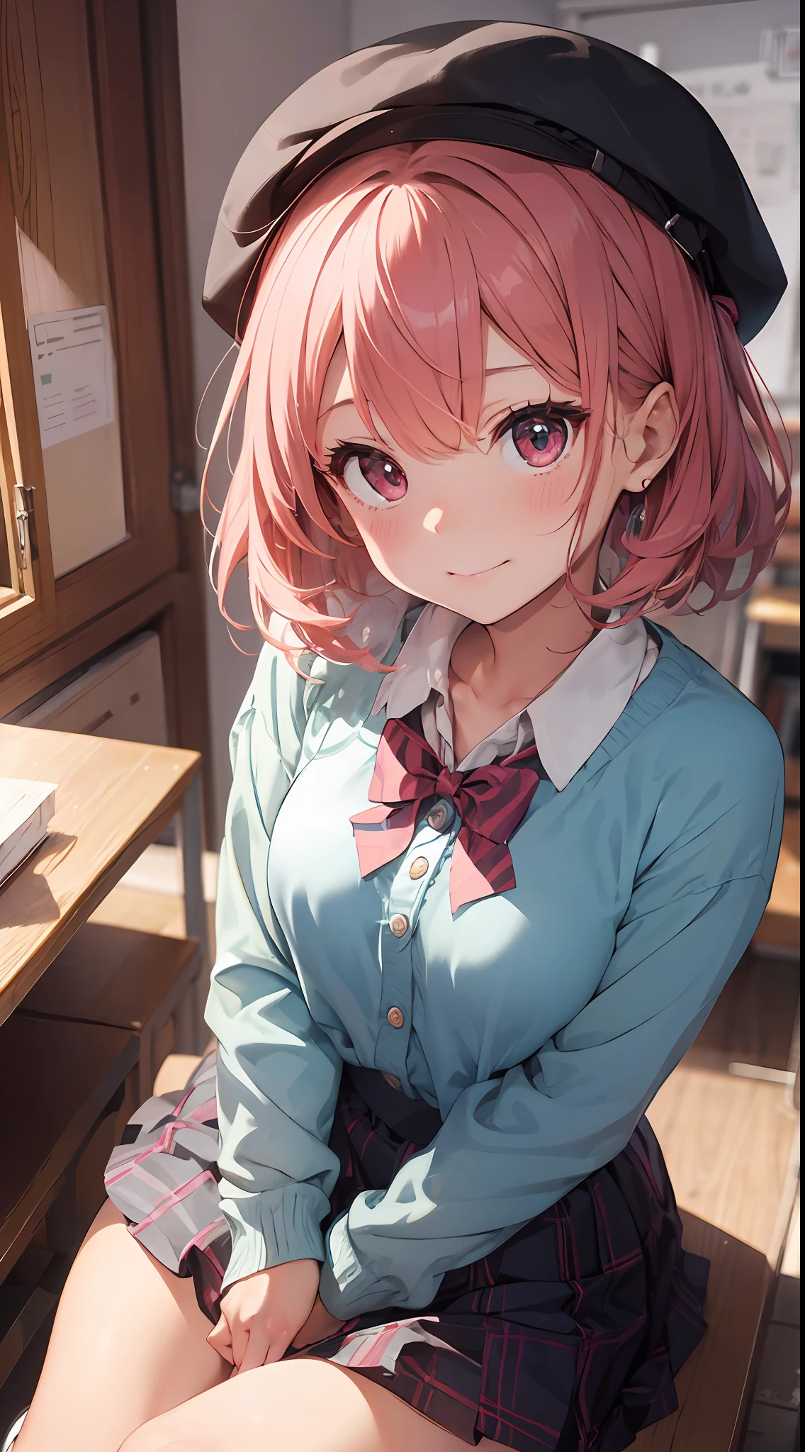 Masterpiece to the smallest detail、top-quality、girl with、17 age、独奏、Looks like 12 years old、150cm petite beautiful girl、small tits、a baby face、red hairs、Gradient bob in the forward、Pink and violet mesh、red eyes、Red eyes、Tall, big eyes、Outstanding looks、A lovely child、proximity、closed_mouth、a smile、red blush、full of shyness、blue headwear、Hats、pink bowtie、校服、 Blue jacket、jaket、skirt by the、Gray skirt shirt、white shirt、an legs、Black socks、sitting on、Classroom、hair_ornament、looking_at_viewer、beatiful detailed eyes、Akame、panties on、lift up one's skirt、Professional effects、