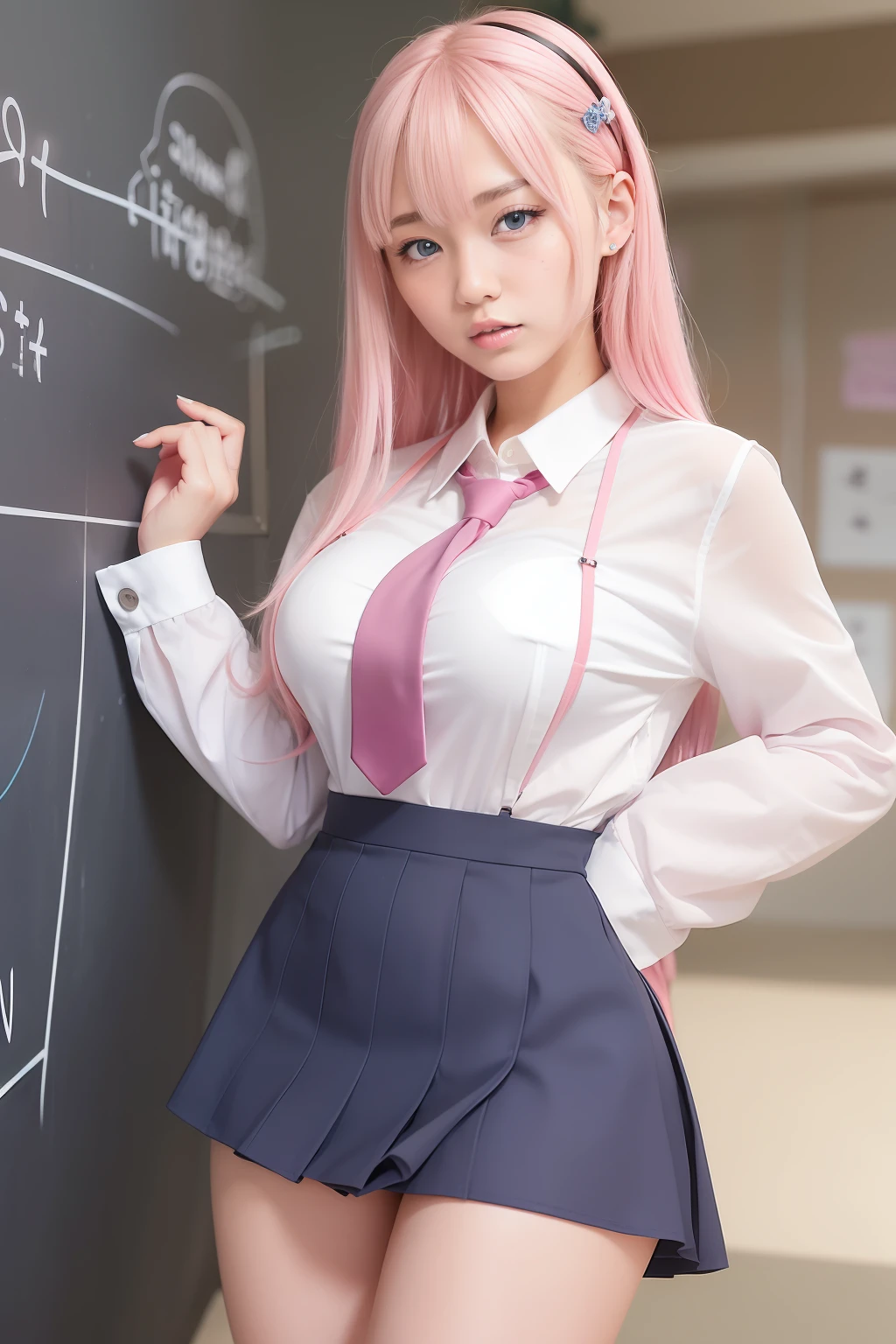 arafed asian woman in a school uniform posing in front of a blackboard, a hyperrealistic schoolgirl, wearing japanese school uniform, hyperrealistic schoolgirl, japanese girl school uniform, wearing school uniform, japanese school uniform, realistic schoolgirl, girl wearing uniform, cute schoolgirl, wearing a school uniform, jk uniform, school girl, korean girl, (1girl blue eyes light pink hair), big ass full breasts until waiting wearing, (mini sexy swinging skirt round: 1.3), varied poses.