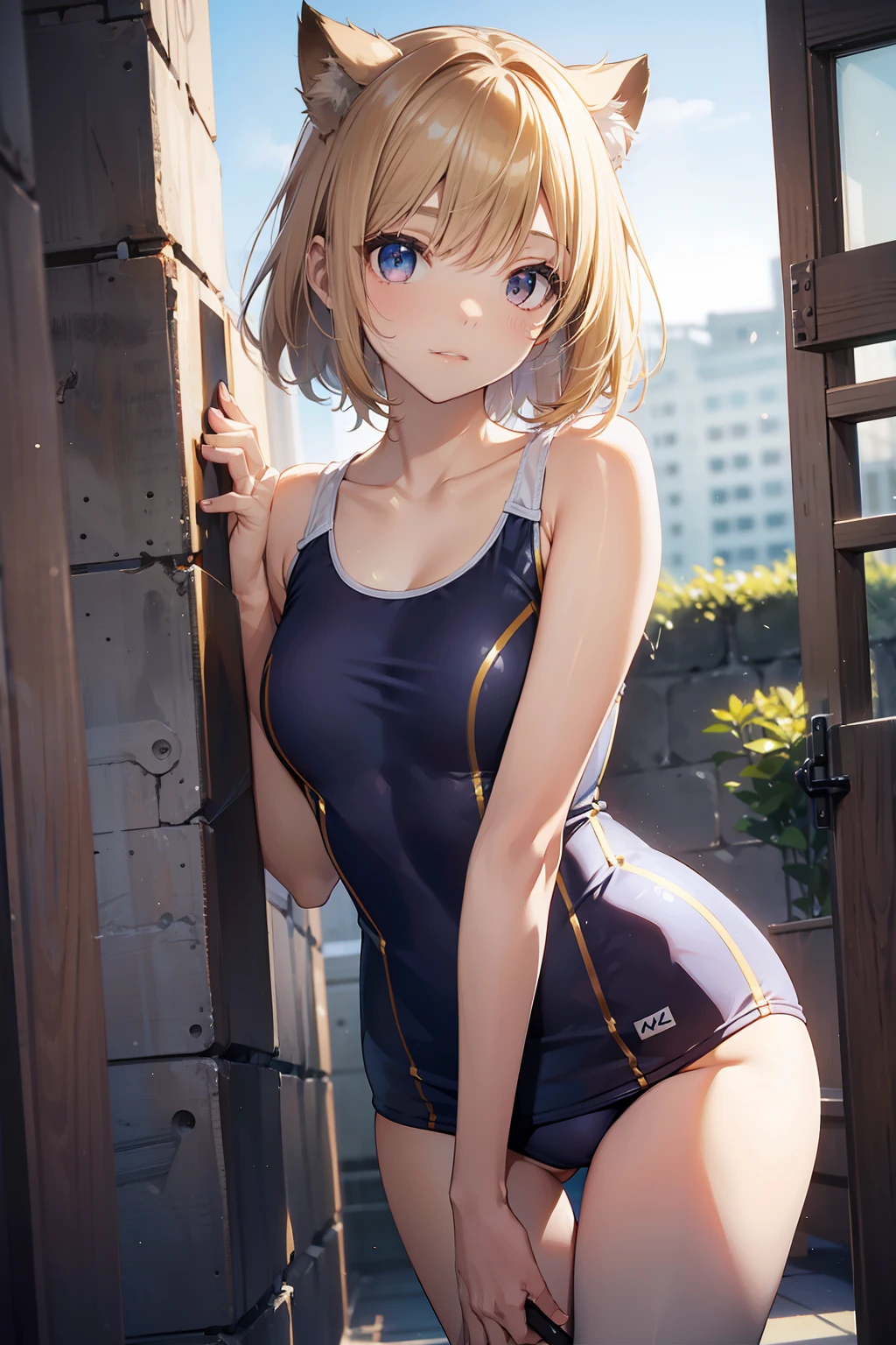 top-quality、Slender beauty、straight haired、very short hair of golden color,、White knee-high、hi-school girl、Pink School Swimsuit、run