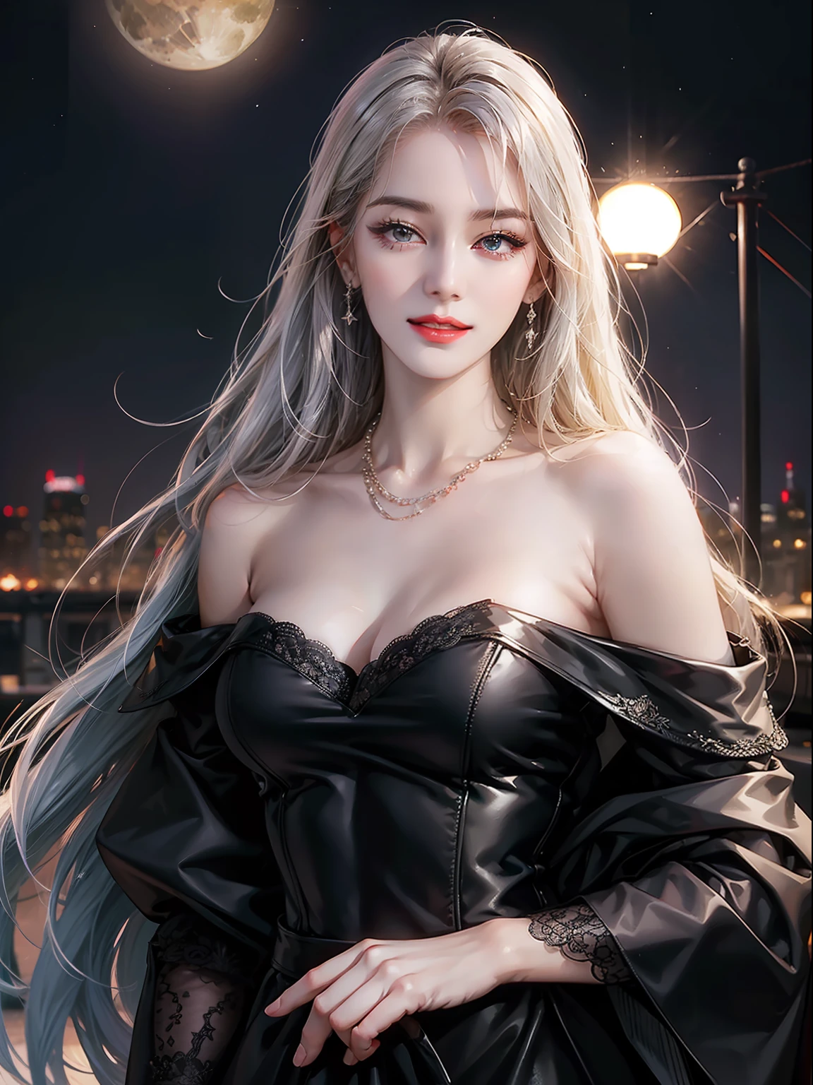 (absurd, high resolution, super detail), beautiful woman, face close-up, face enhancement, face focus, oblique view, 22, 18, long straight hair, shiny beautiful hair, beautiful skin, luscious skin, beautiful eyes, with bangs, off the shoulder, eye highlights, unbroken hands, rich lighting, large breasts, pale pink lips, soft lips, slightly open mouth, uniform 8K wallpaper with high definition CG, attention to detail, portrait, gaze, solo, half shot, detailed face, slightly smiling, dynamic pose, (Contemporary Japanese subject: 1. 1), contemporary style clothing, black dress, black gloves, lace dress Gray, Silver Hair, Contemporary Subject, (Thriving Civilization: 1.1), (Pure White: 1.1,) Building, Roppongi, Ginza, Kabukicho, Neon Lights, Japanese Landscape, Fantastic, Romantic, Dance of Light, Glitter, Severity, Majesty, Night, Darkness, Stars, Moon In Background, Portrait, Film Lighting, Necklace, Dating Scene