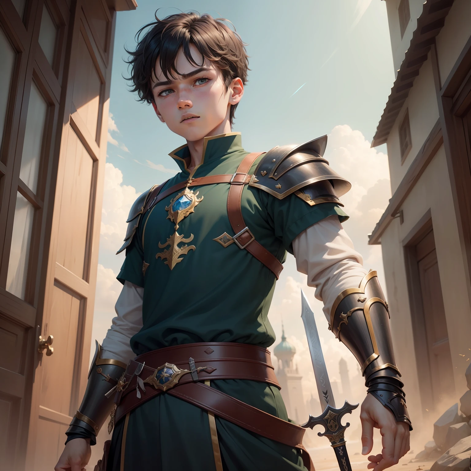 The animations are rich in detail,This is a high-quality 8K masterpiece。-yeld maThe expression is serious,ultra-short hair 1:2,baby faceThe sky floats,The world of swords and sorcery