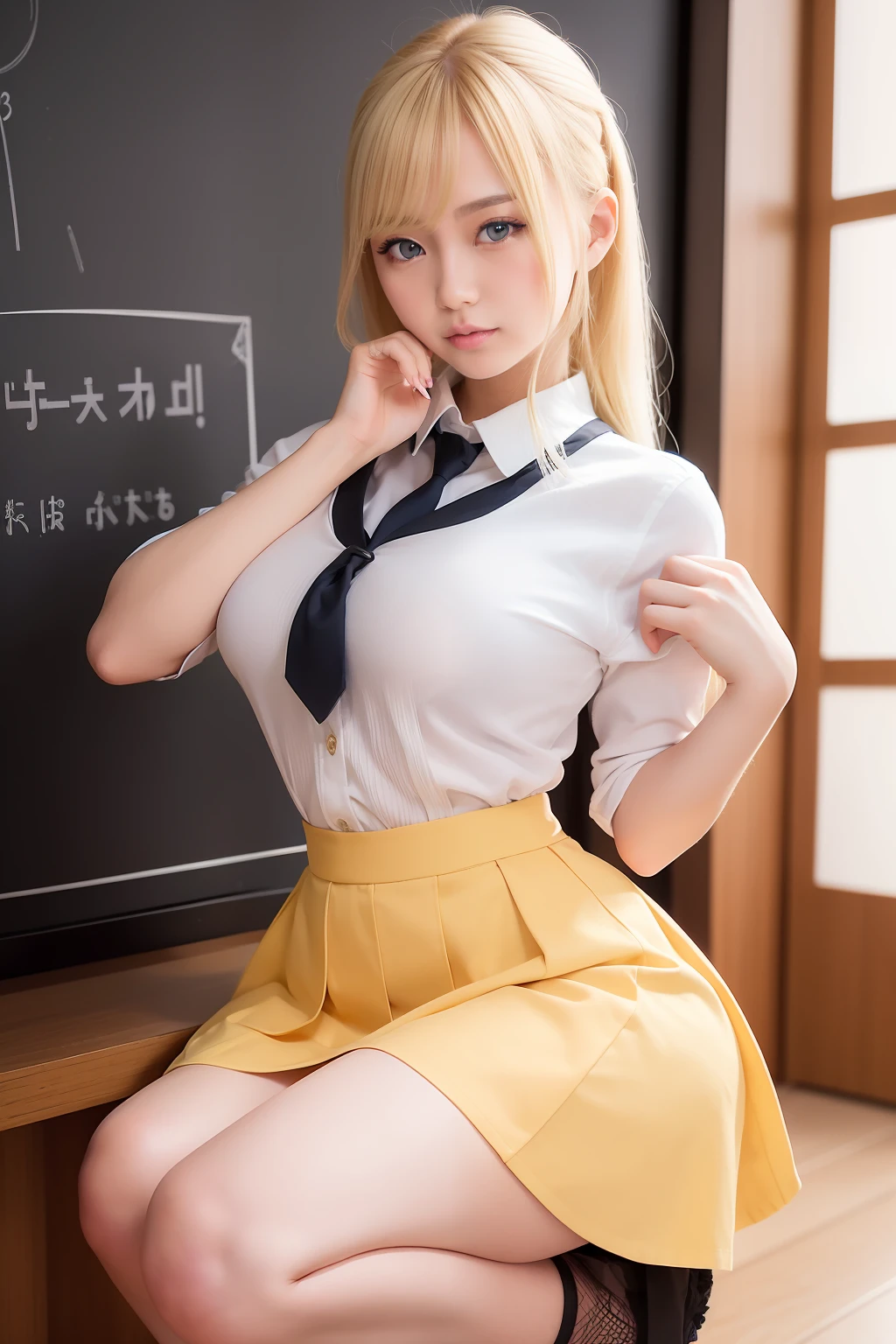 arafed asian woman in a school uniform posing in front of a blackboard, a hyperrealistic schoolgirl, wearing japanese school uniform, hyperrealistic schoolgirl, japanese girl school uniform, wearing school uniform, japanese school uniform, realistic schoolgirl, girl wearing uniform, cute schoolgirl, wearing a school uniform, jk uniform, school girl, korean girl, (1girl blue eyes light yellow hair), big ass full breasts until waiting wearing, (mini sexy swinging skirt round: 1.3), varied poses.