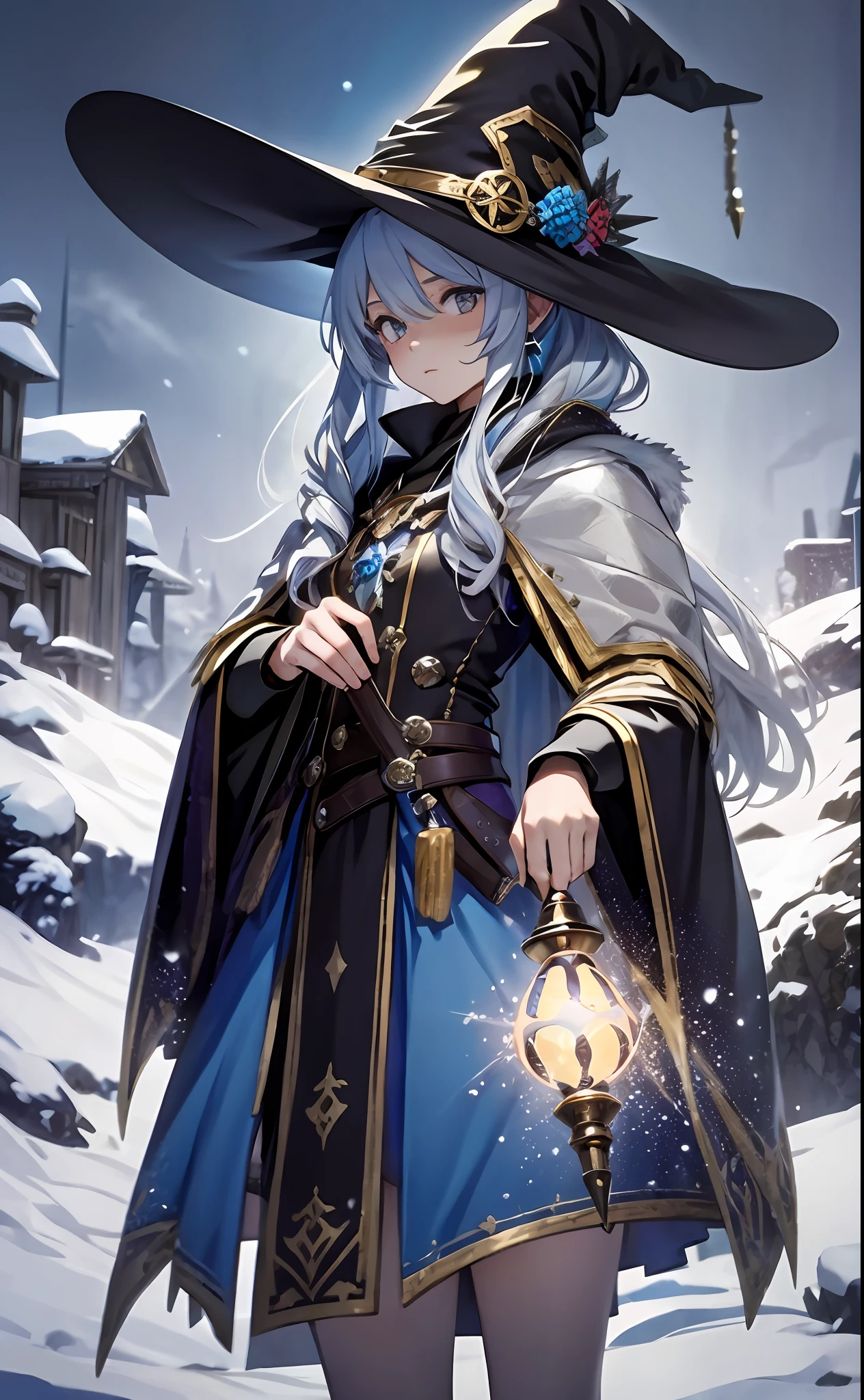 best qualityer，tmasterpiece，Ultimate resolution，downy，Extremely colorful，Colorful，The Witch，Long silver-blue hair，hair-bun，a matural female，Witch robes，Magic Hat，sceptre，snow country，Lost snow，Normal posture