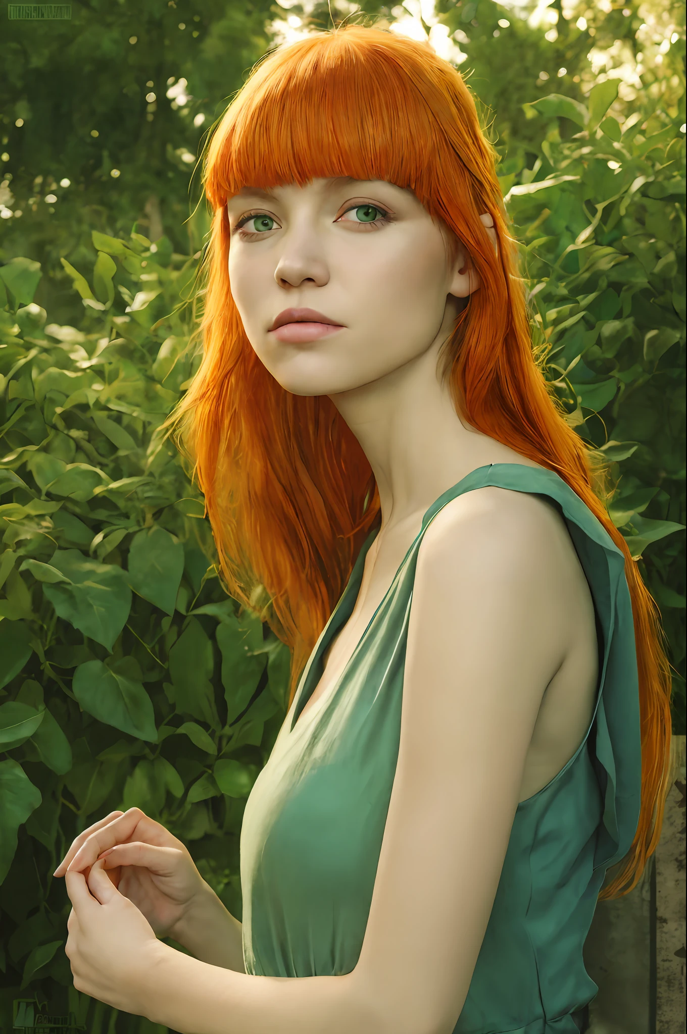 serene photo,1girl, Jedi master in deep meditation, woman with ginger hair, blunt bangs, green eyes, Absurdres, hdr, ultra detailed illustration, extremely detailed face, RAW photo, film grain, skin pores, trending on deviantart, blurry garden background, sporty dress