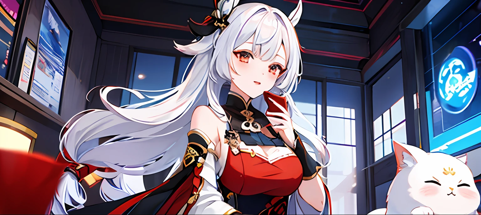 Anime girl holding cell phone with white hair and red dress, White-haired god, Keqing from Genshin Impact,azur lane style, Waifu