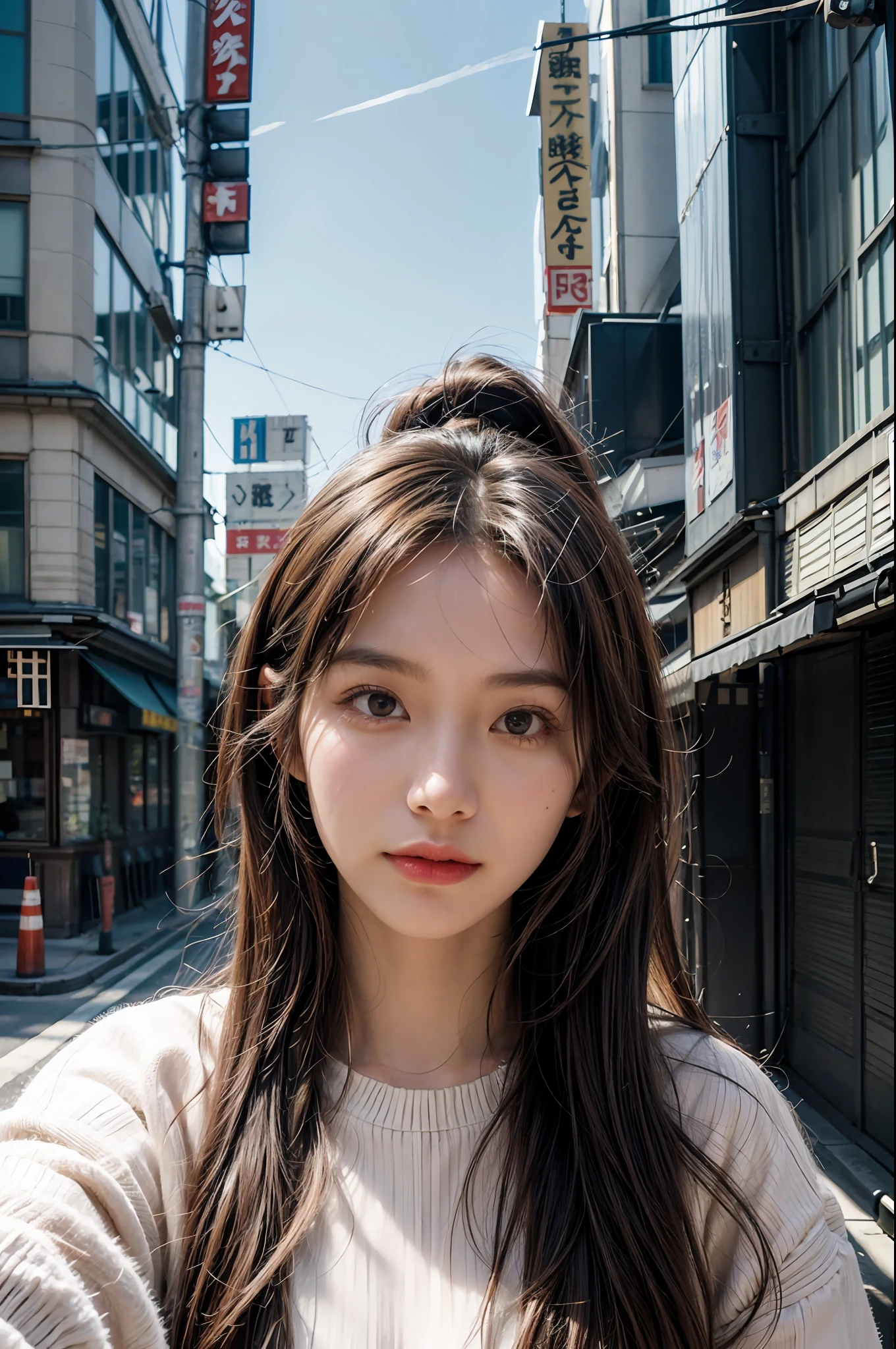 8k，RAW photogr，best qualtiy，tmasterpiece，（realisticlying，photo-realistic：1.37），（Look at the audience:1.331），posing on a，street Tokyo，one-girl，moyou。