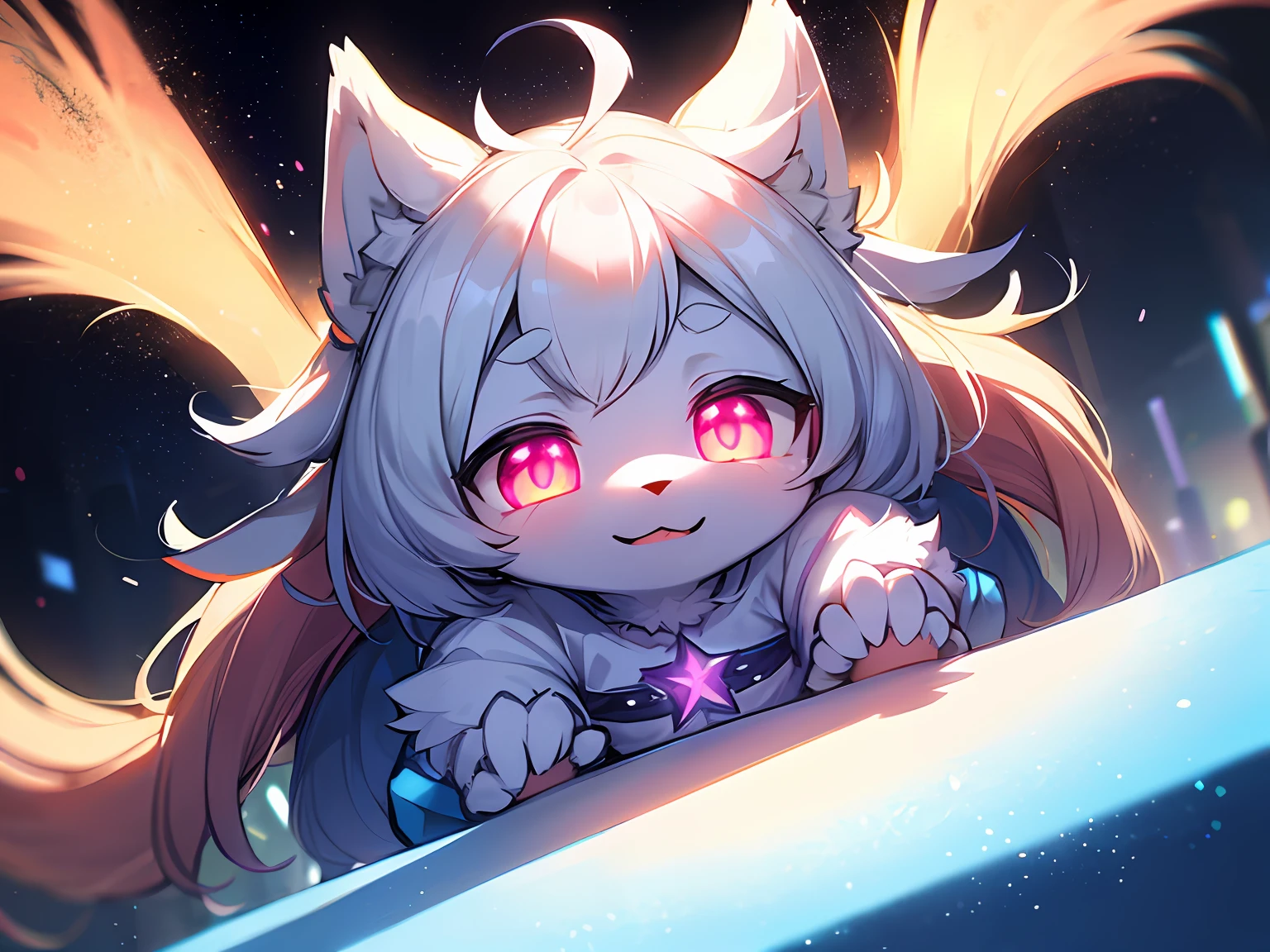hairy pubic，White fur，hyper cute face，Light blue element on fur，Glowing pink eyes，White T-shirt，Nice tail，As estrelas，Beautiful lights and shadows，Super beautiful fur