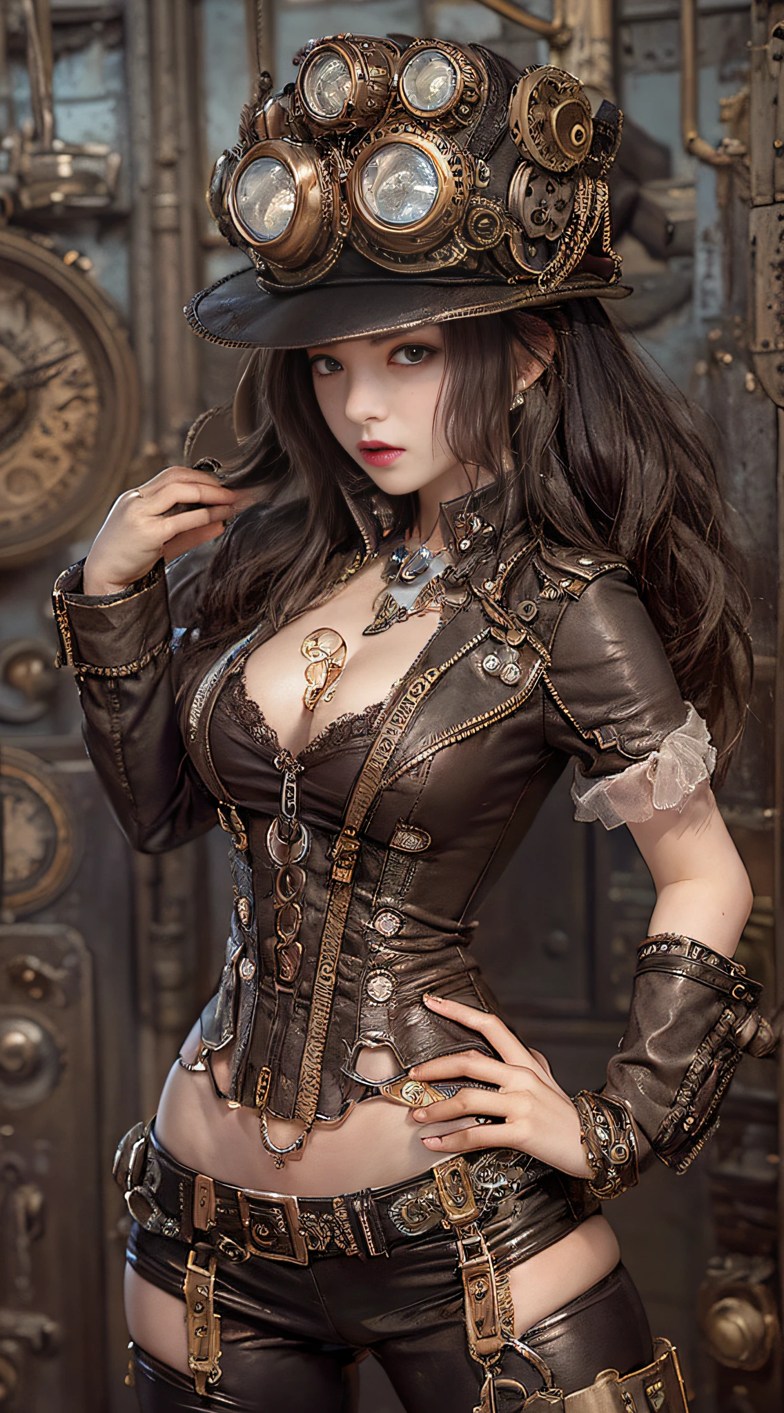 Alafe in leather costume posing for photo、Garter Belt、Steampunk Pin-Up Girl、Steampunk girls、steampunk beautiful anime woman、(highly detailed figure)、Beautiful Goddess of Steampunk、steampunk cyberpunk、Wearing steampunk costumes、Wearing a detailed steampunk dress、Close-up portrait shot、steampunk inventor girl、