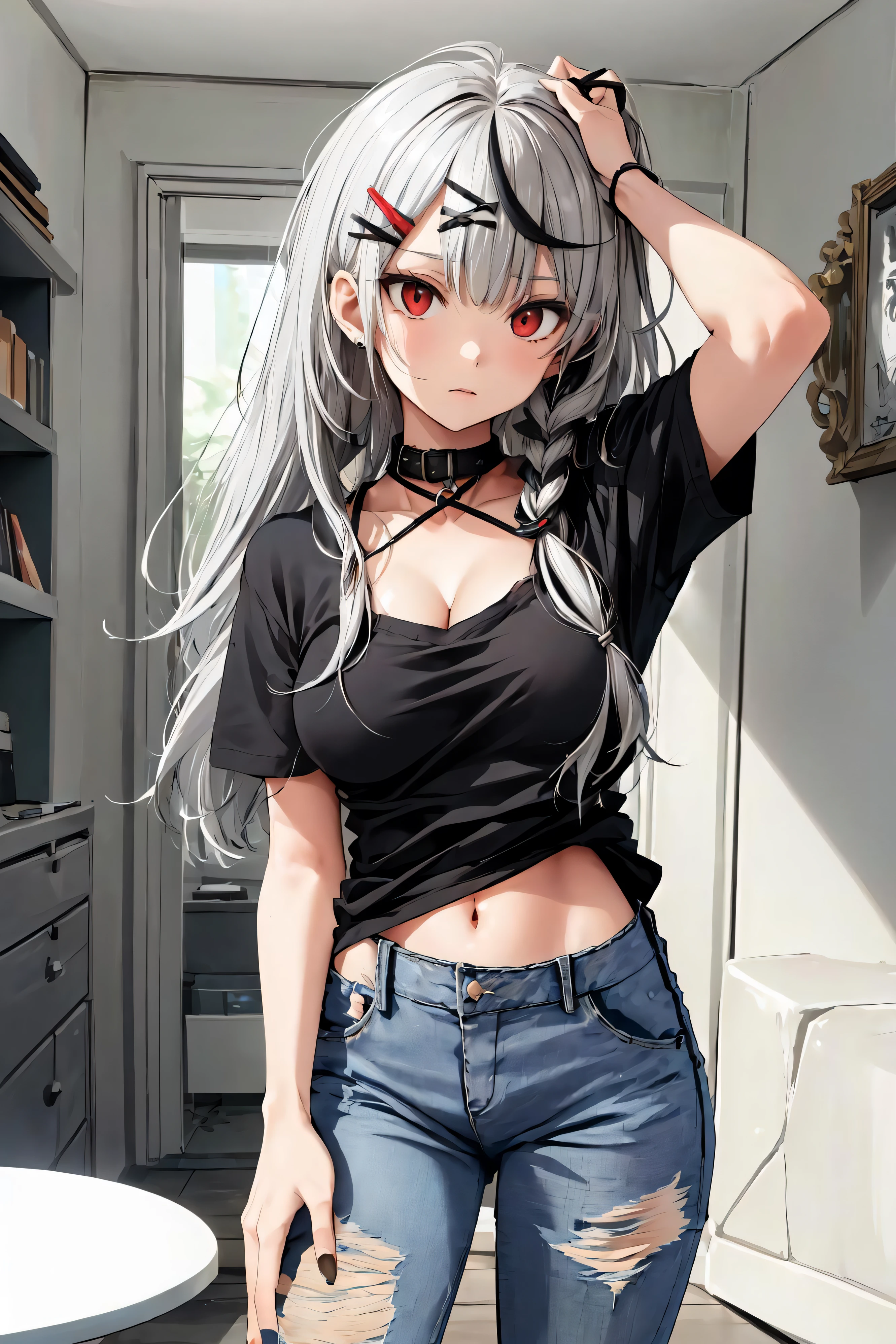 (best quality:1.2),absurdres, 1girl,solo,looking at viewer,natural face,sakamata chloe,  medium breasts, (cleavage:1.1),navel, multicolored hair, red eyes, x hair ornament, hair ornament, grey hair, streaked hair, black hair, braid, bangs, nail polish, hairclip, ahoge,long hair,(black shirt,short sleeves:1.3),(long damage jeans:1.3),fullbody,covering chest by hand