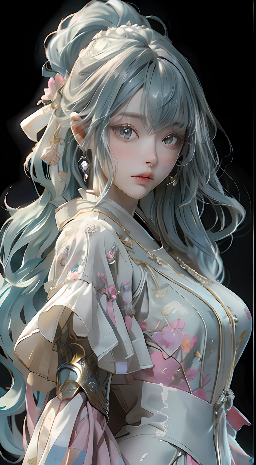 (masterpiece), (best quality), (ultra detailed),(disheveled hair),(illustration), (1girl), (Fashionable clothing), standing, Fashion model, looking at viewer, (interview), (simple background),beautiful detailed eyes, delicate beautiful face, Floating,(high saturation),(colorful splashes),colorful bubble,(shining), focus on face,  kamisato ayaka, light blue hair, bangs, hair ring, floating flowers, floating hairs.Girl, anime waifu, looking at viewer, highlydetailed, reflections transparent iridescent colors, long transparent iridescent RGB hair, artby Serafleur from artstation, thick acrylic，illustration on pixiv, waist up portrait, gorgeoussacred girl, best quality, ultra detailed,sad,clever,beautiful face , beautiful lighton black background, Character stvle renderedby Octane,