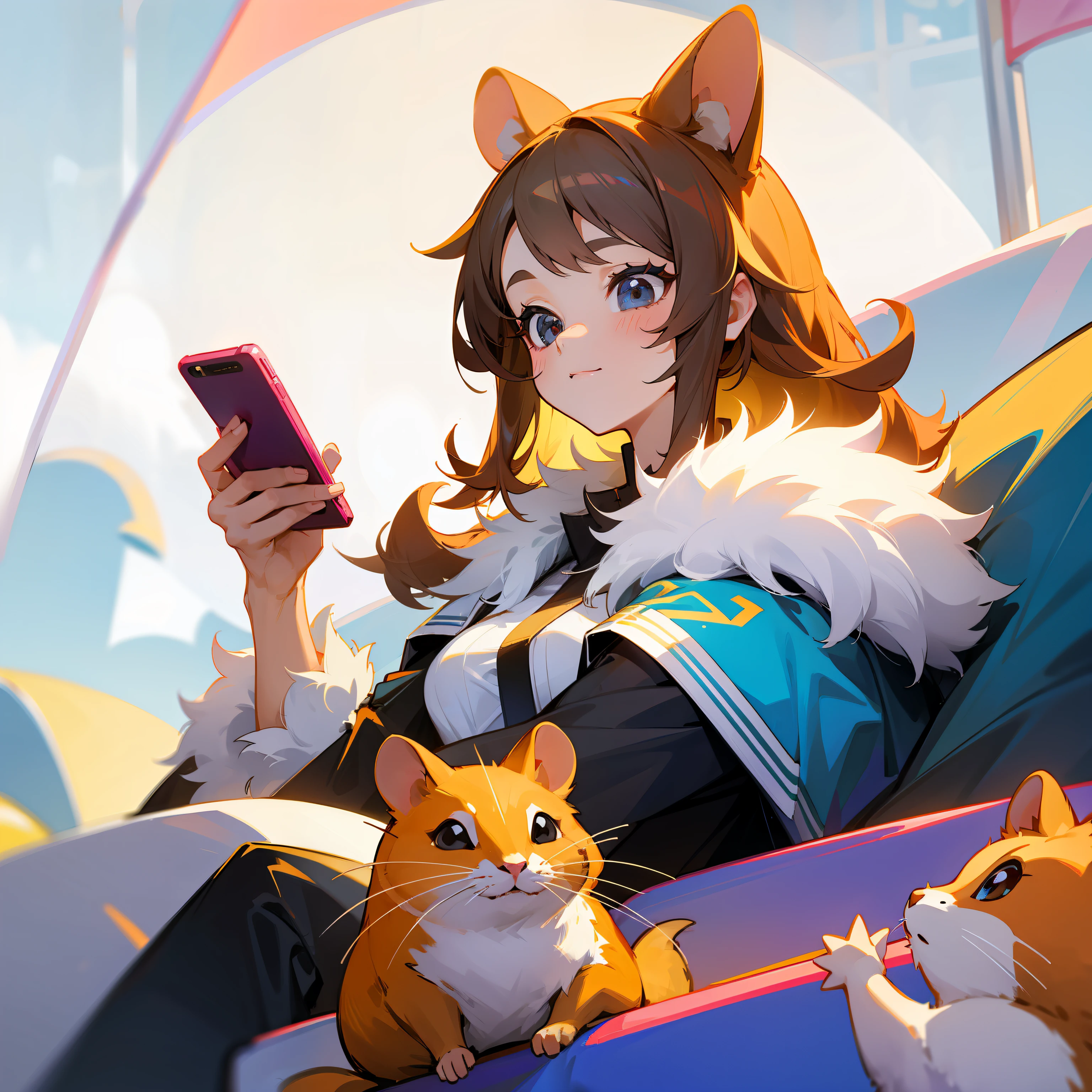 Cute lady hamster sister playing with mobile phone