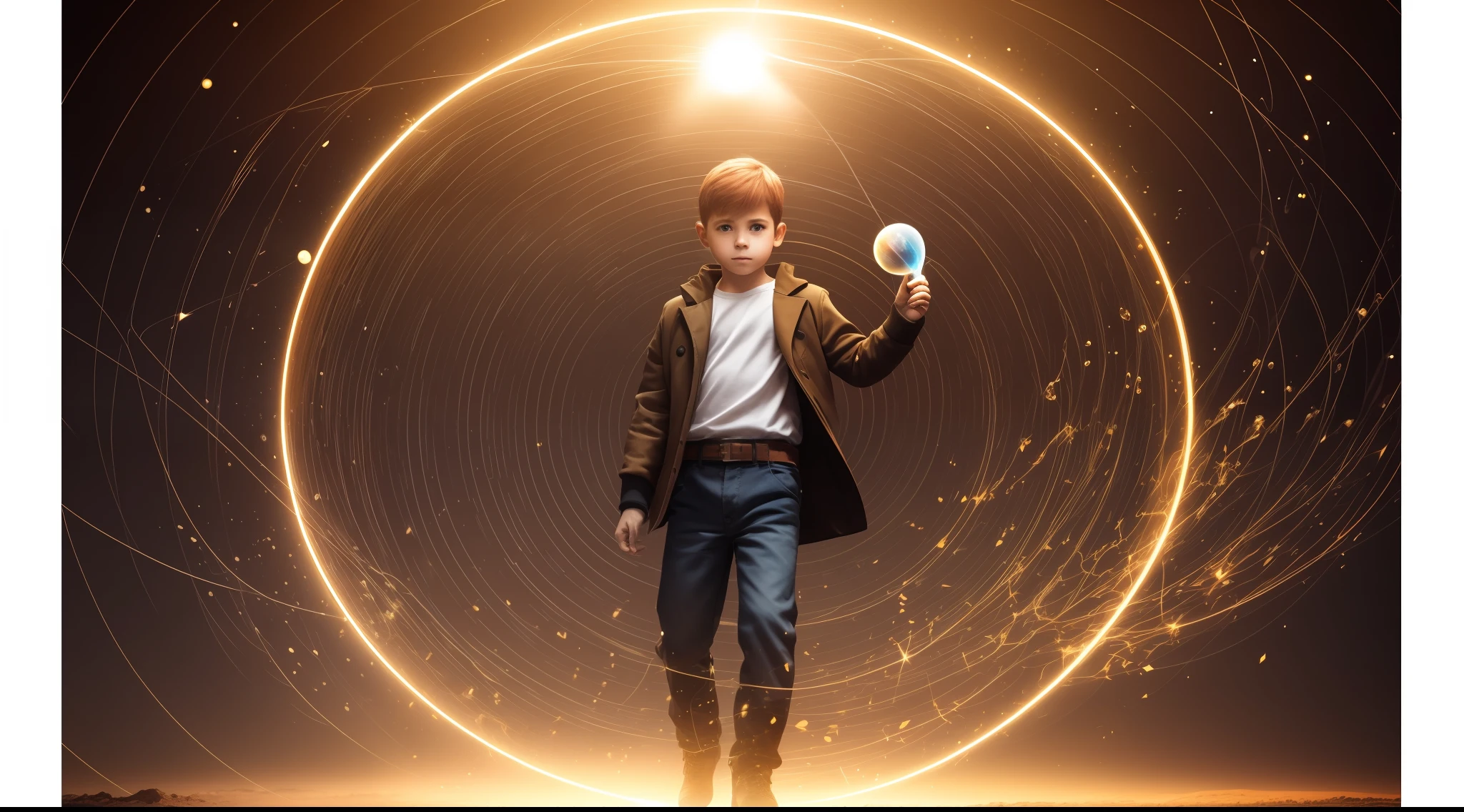 There is a boy holding a shiny object in his hands, arte digital inspirada em Ron English, Shutterstock, Arte Digital, Boy with magical powers, adolescente de cabelos ruivos, segurando uma esfera brilhante, segurando uma esfera brilhante de dados, jovem bruxo, Young Fantasy Thief Red-Haired Boy, he is casting a lighting spell, globo de plasma, Magic Spell Cast, cinemactic, Photo Session, Fotografado na lente de 25mm, profundidade de campo, Tilt Blur, Velocidade do obturador 1/1000, F/22, White balance, 32k, Super-Resolution, Pro Foto RGB, half rear lighting, luz de fundo, dramatic lighting, Incandescente, soft lighting, volumetric, Dia do Conto, global ilumination, Global Screen Space Illumination, Scattering, Sombras, Rough, Cintilante, Lumen reflections, screen space reflections, Diffraction Grading, chromatic aberration, Deslocamento de GB, Linhas de varredura, Ambient occlusion, antialiasing, FKAA, TXAA, RTX, SSAO, OpenGL-Shader, Post processing, post - production, cell-shading, Mapeamento de tons, .cgi, VFX, SFX, Insanamente detalhado e intrincado, Hiper maximalista, elegante, dynamic pose, fotografia, volumetric, ultra-detalhado, detalhes intrincados, super detalhado, ambient –uplight –v 4 –q 2