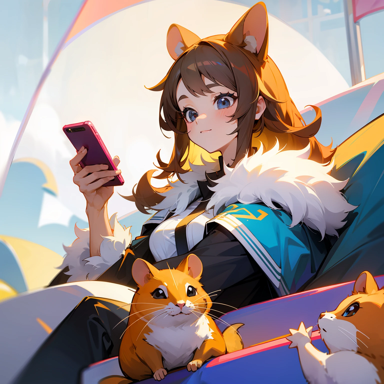 Cute lady hamster sister playing with mobile phone