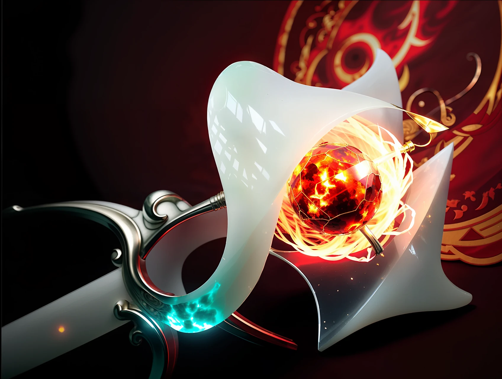 Close-up of the white jade staff,The handle is made of Mithril silver,In the center of the white jade staff, This burning garnet is suspended,A red gemstone that glows red,Garnet born from the Flame Demon,red flames