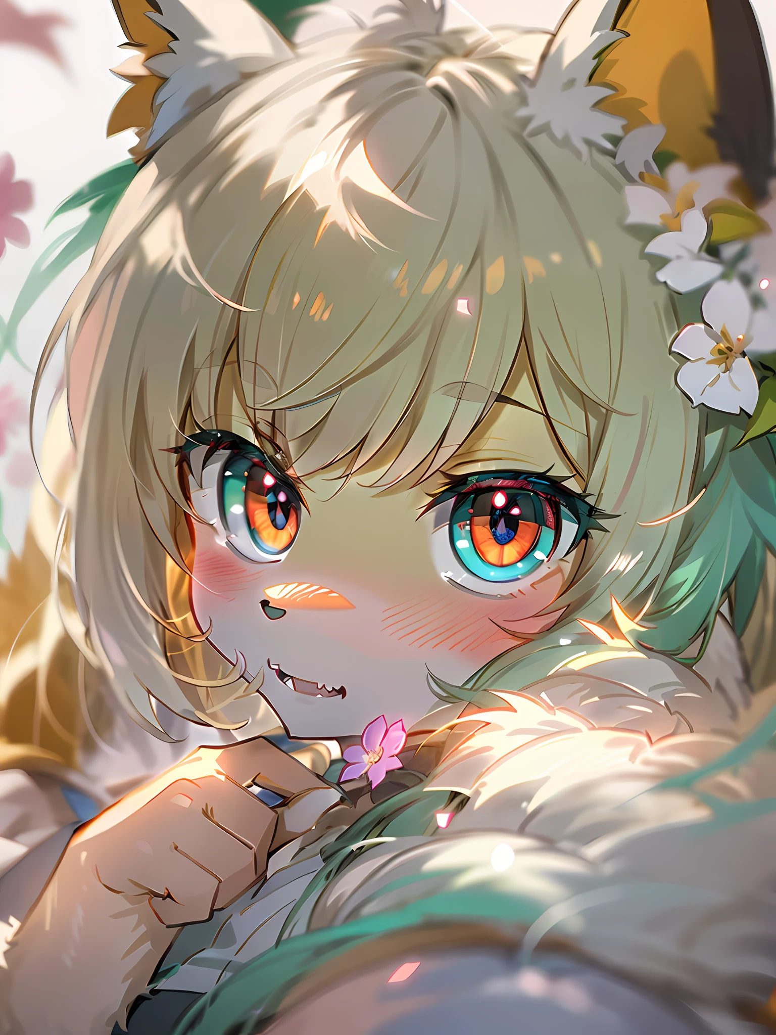 (Furry 1.5),(Skin fur),(Cute),constricted pupil, aqua eyes, Gradient eyes, Red eyes, wide-eyed, flower shaped pupils, Animal ears, Fox ears, smelling, poison fangs, Pout, parted lip, fang out, chin grab, nose blush, conceptual art, romanticism lain, Chiaroscuro, Depth of field, Cinematic lighting, shadowing, Dutch angle, tachi-e, f/2.8, 85mm, hyper HD, Masterpiece, ccurate, Super detail, High quality, Best quality, A high resolution, High details, 8K