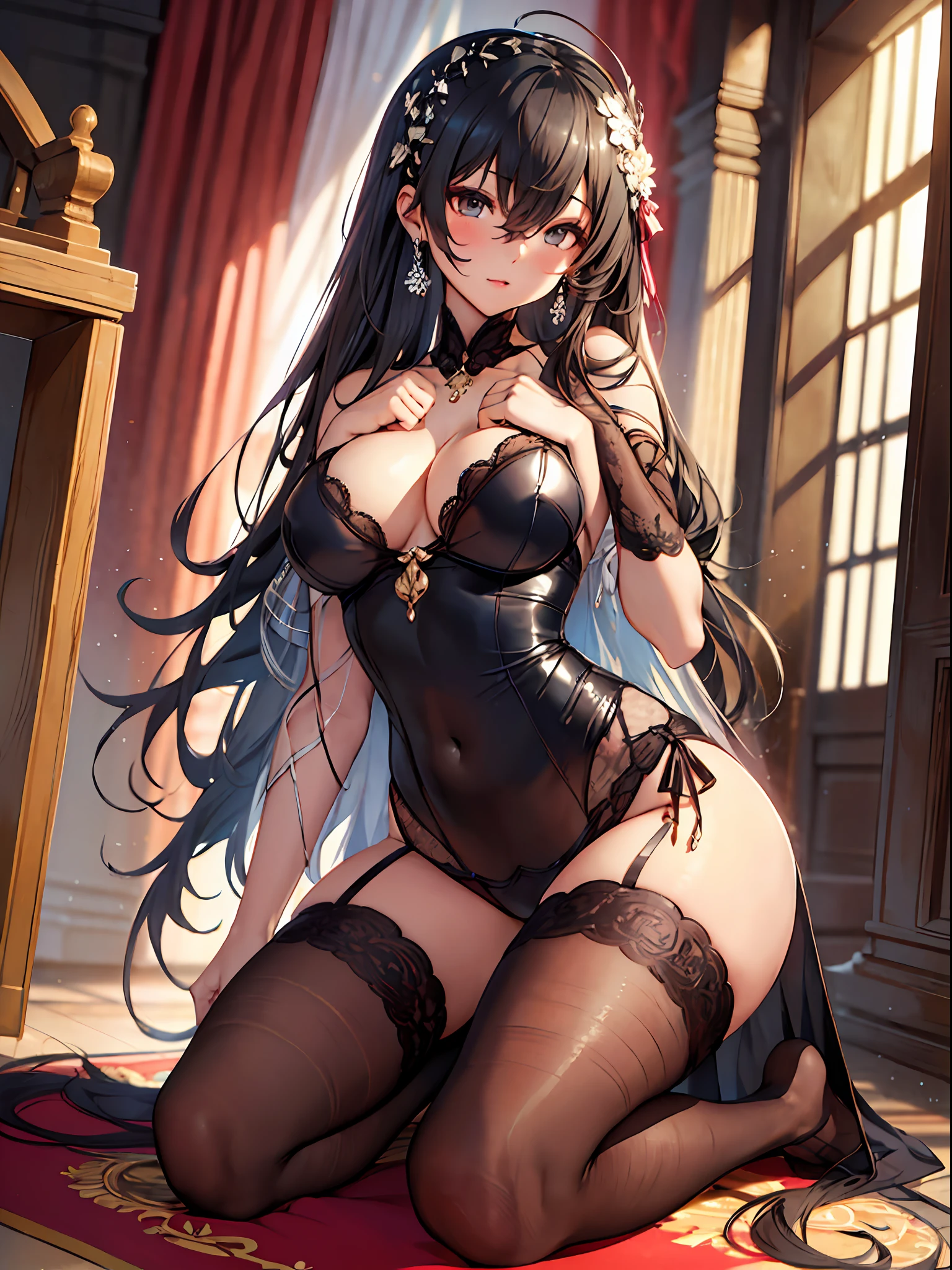 (Enrich the picture,Masterpiece level quality)Beautiful 8K CG artwork,Goddess-like posture,Kneeling exercise,Slim and soft,Translucent skin,black color hair、The aesthetic look of extra-long and messy hair,The skin is fair and juicy,Big JK Uniform,Perspective Part 1.2x enhanced silhouette effect,Exquisite transparent blues pattern in pajamas,The details are intricate and exquisite,The background is slightly blurred,Charming and lustful leg seduction,Drool,Extra-large big breasts,Blush,