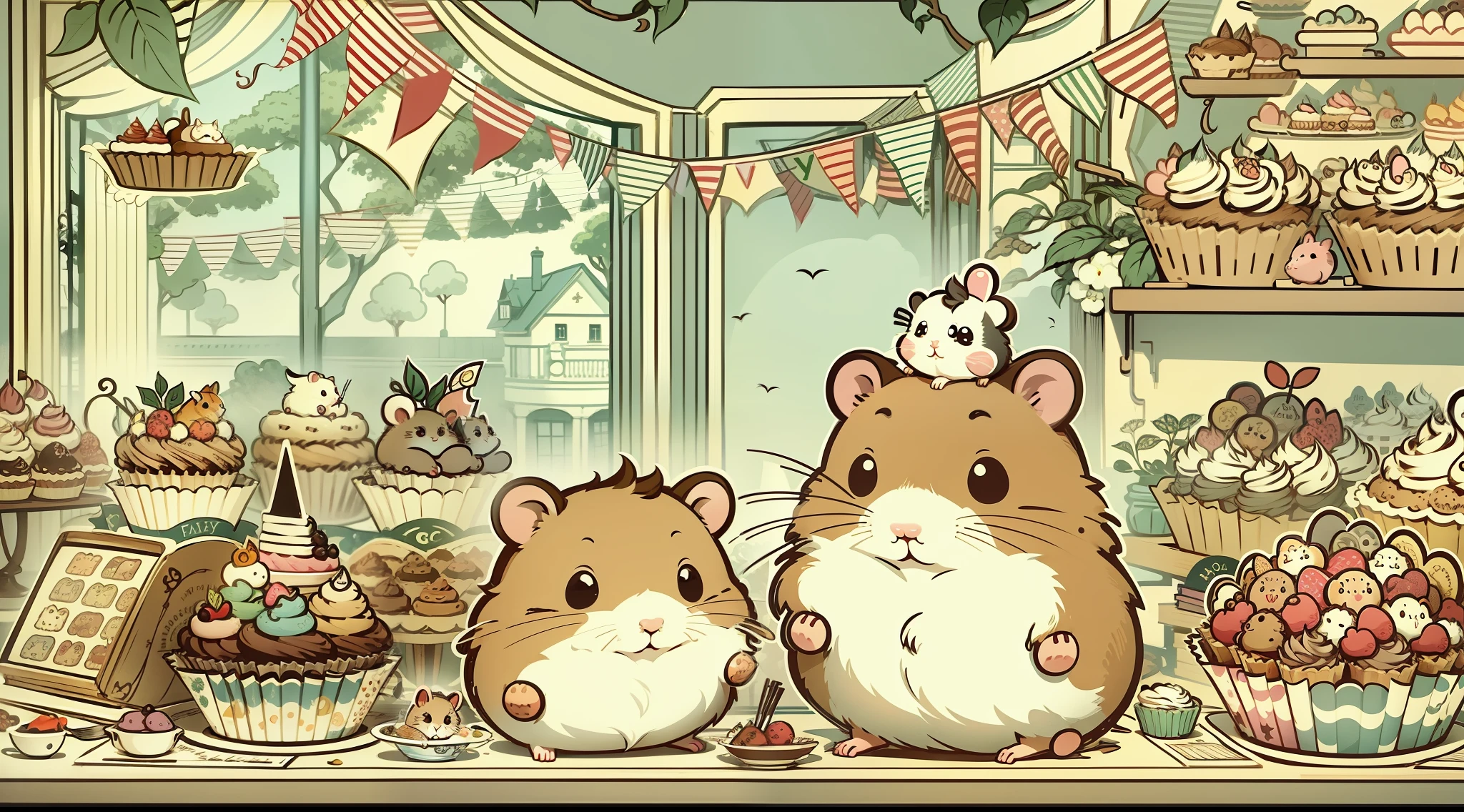 Fairy tale picture book,Hamster cake shop, flags, vectorial, Line art, designs, Inspiration, straightened, 对称