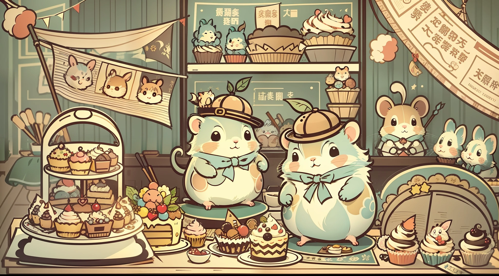 Fairy tale picture book，Hamster cake shop， flags， vectorial， Line art， designs， Inspiration， straightened， 对称