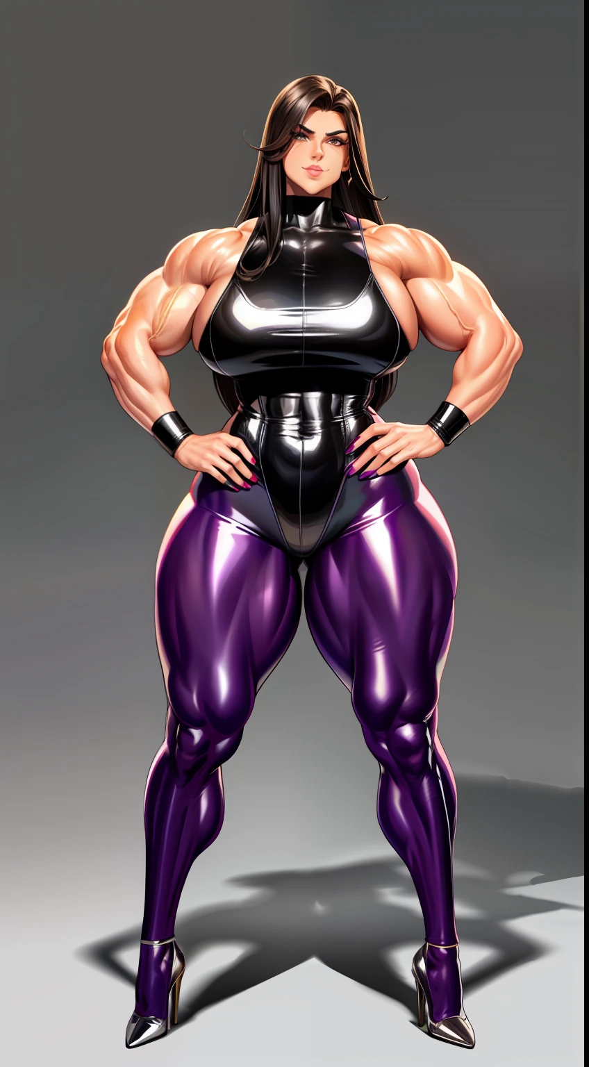 tmasterpiece，Burly woman，Exaggerated large muscles，latex suit，Pointed-toe heels， largeeyes，ssmile，Full body like， Single female，Thin waist，Very broad shoulders, Strong and powerful arms，Strong and powerful leg muscles，thick calf，long leges