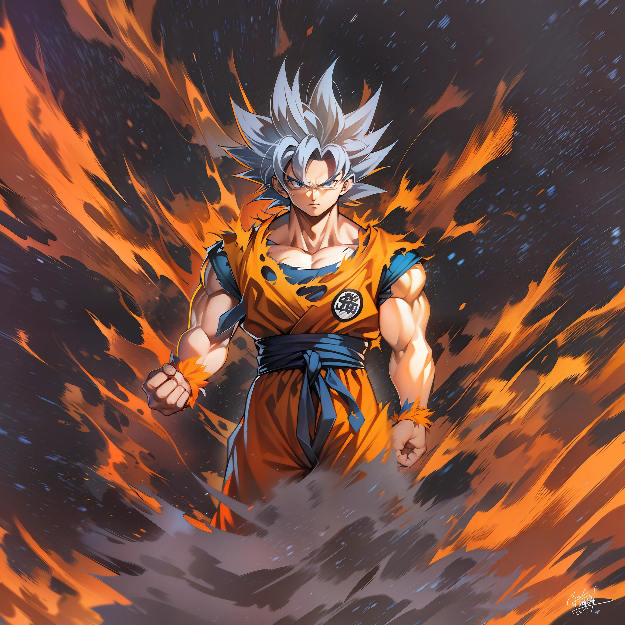 son goku gray hair, high saturation, Orange Torn Gi, looking up, serious face. Galaxy Power Aura. Defined Muscles, fit body, soft light. digital art. traces of 90's anime. Torn clothes.