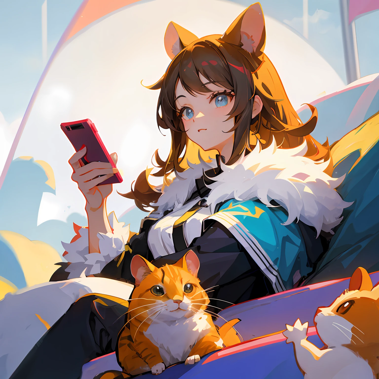 Anime girl sitting on sofa with cat and cell phone, Artgerm and Atey Ghailan, maplestory mouse, Digital anime illustration, by Kamagurka, Guviz-style artwork, trending on artstation pixiv, author:Ryan Yee, cute anime catgirl, by Yang J, Digital art on Pixiv, anime catgirl