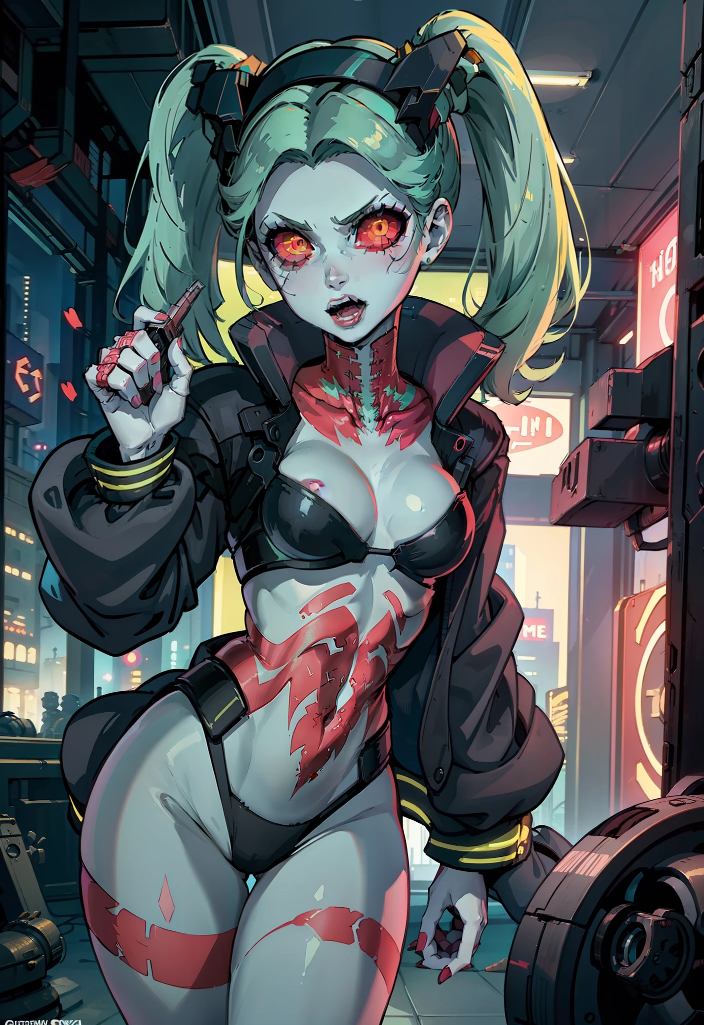 Rebecca, 1girl, mature woman, fully naked, small breast, futuristic cyberpunk, (twin tail, hairband, mechanical eye, colored sclera, red sclera, long hair, green pupils, fang, red eyes, black croped jacket ) 2d, colorful manga detailed illustration, cinematic, ultra highly detailed, beautiful details, vivid, saturated colors, filigree detailed, tiny details, pop surrealism, cowboy shot