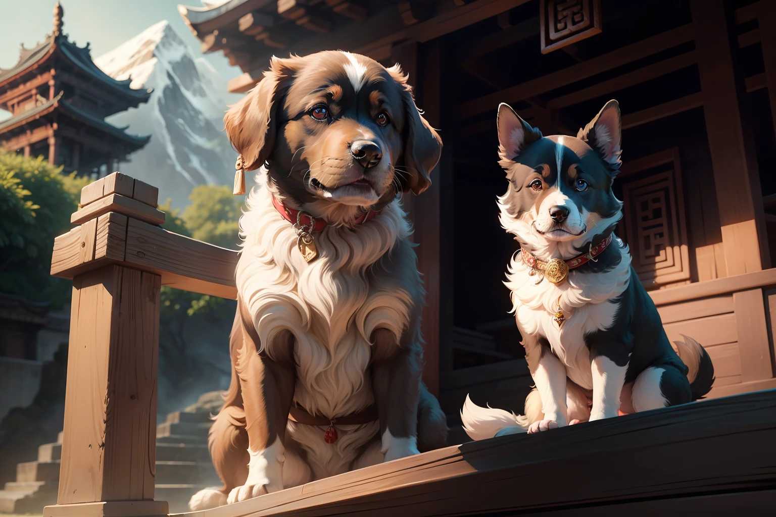 Beautiful puppy with lovely eye, sitting in front of a temple, sitting on boat,dark background, alone 8k ultra realistic
