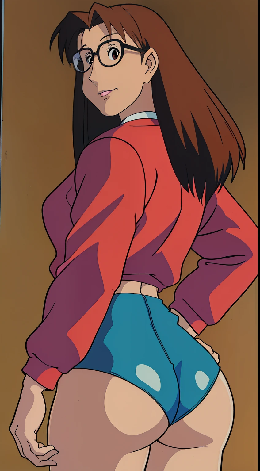 Koyomi mizuhara, glasses, brown hair, long hair, medium breasts, sports Long sleeved Jersey shirt, medium bubble butt, 90’s biker shorts, back of view, Wallpaper, luscious lips, 90’s, vintage, side view, hands behind her butt, smirk