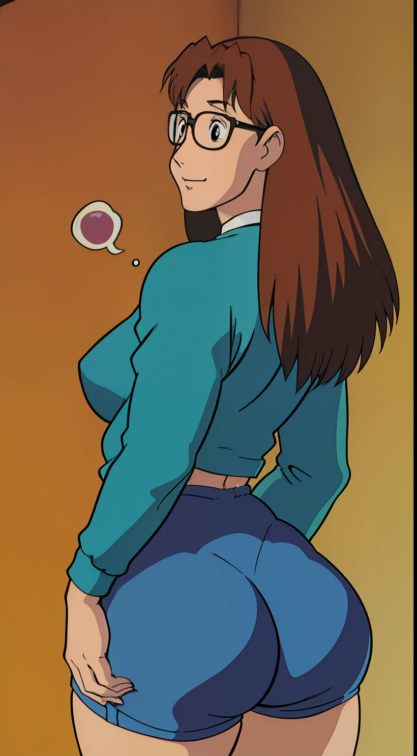 Koyomi mizuhara, glasses, brown hair, long hair, medium breasts, sports Long sleeved Jersey shirt, medium bubble butt, 90’s biker shorts, back of view, Wallpaper, luscious lips, 90’s, vintage, side view, hands behind her butt, smirk
