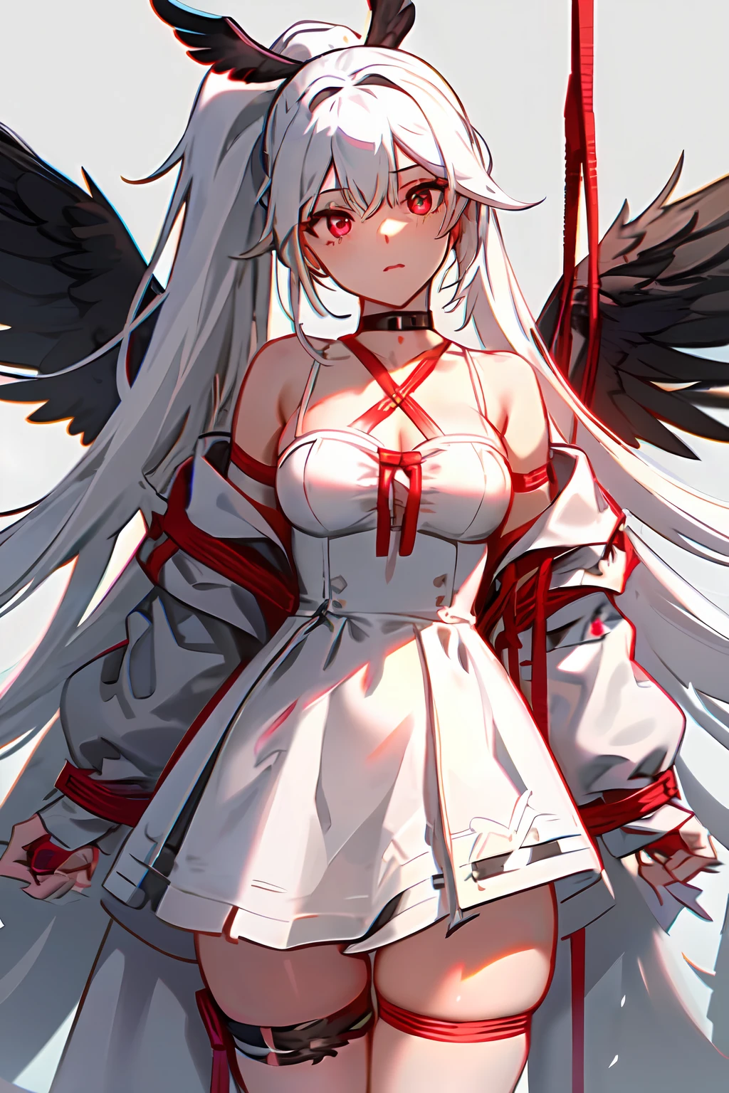 cowboy shot, (black wings:1.2), very long hair, side ponytail, choker, holding, off shoulder, (white dress:1.3), white jacket,on side,hand in own hair,messy hair,red rope, bandage,thigh strap, bound breasts, bound wrists, bound arms, bound legs, bound ankles, bound torso, bound thighs, bound knees, bound toes,