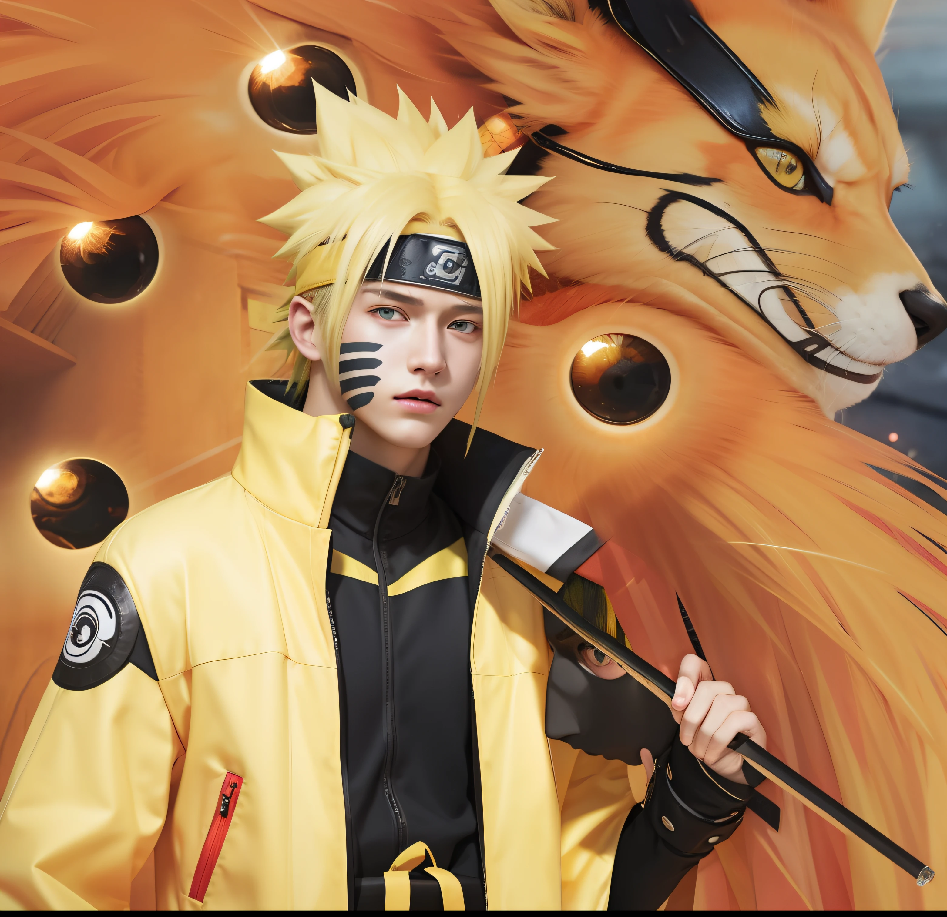Best quality, ultra high resolution, ultra-detailed,realistic,yellow hair,18 years old,boy,Naruto Headband,Uzumaki Naruto,
