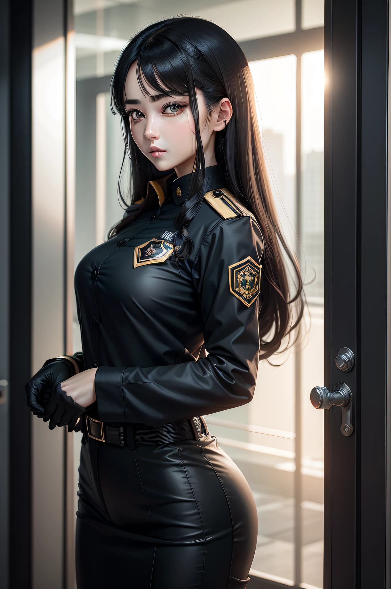 Nice and beautiful female security guard,Wear a fancy uniform,watery big eyes,Long black hair,Exquisite facial features,Aromatic domineering,超高分辨率,8K分辨率