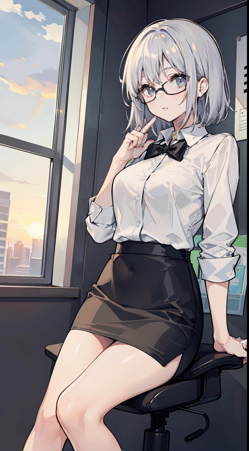 sunset, office, 1 girl, solo, glasses, white shirt, short black pencil skirt, half body model, short silver hair