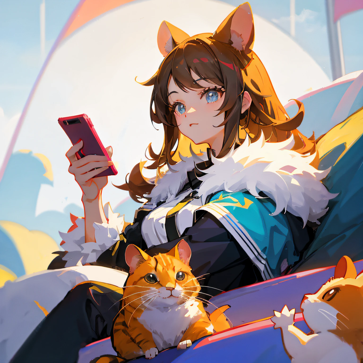 Anime girl sitting on sofa with cat and cell phone, Artgerm and Atey Ghailan, maplestory mouse, Digital anime illustration, by Kamagurka, Guviz-style artwork, trending on artstation pixiv, author:Ryan Yee, cute anime catgirl, by Yang J, Digital art on Pixiv, anime catgirl