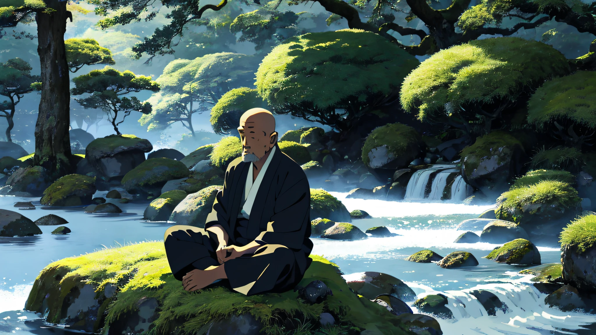 A japanese old monk  man sitting in meditation pose on a moss-covered rock, surrounded by lush greenery, as the first rays of the morning sun pierce through the misty mountains.