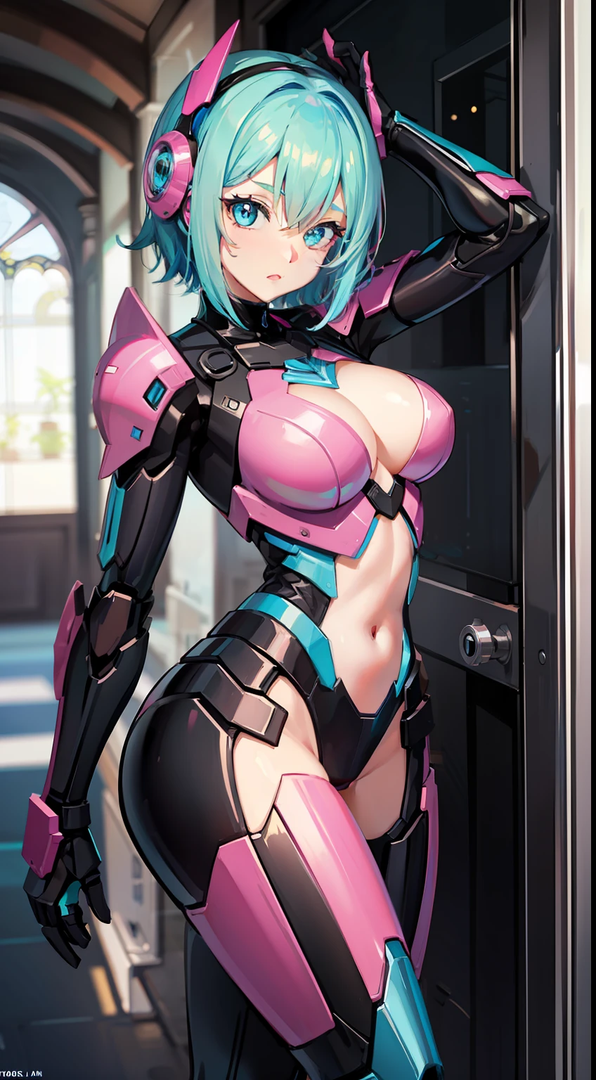 Adult woman, Short blue hair, Cyan eyes, Autobot's pink armor, arch, Masterpiece, hiquality