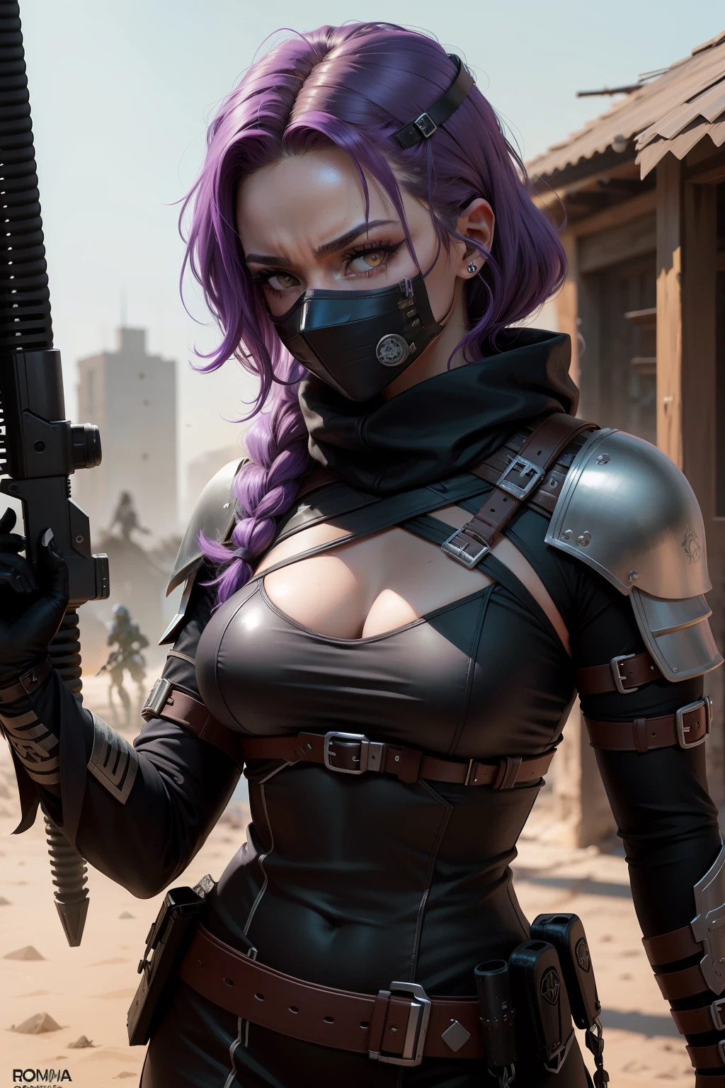 um closeup de uma mulher com uma arma, assassina feminina, goth ninja, um ousado assassino adolescente, assassinoo Rouge Feminino, in a mercenary outfit, vestido com armadura furtiva, Sigma Feminino,, dystopian bounty hunter, female spy, female thief, vestindo armadura roxa escura, assassino, cabelo roxo, batom roxo, olhos roxos.