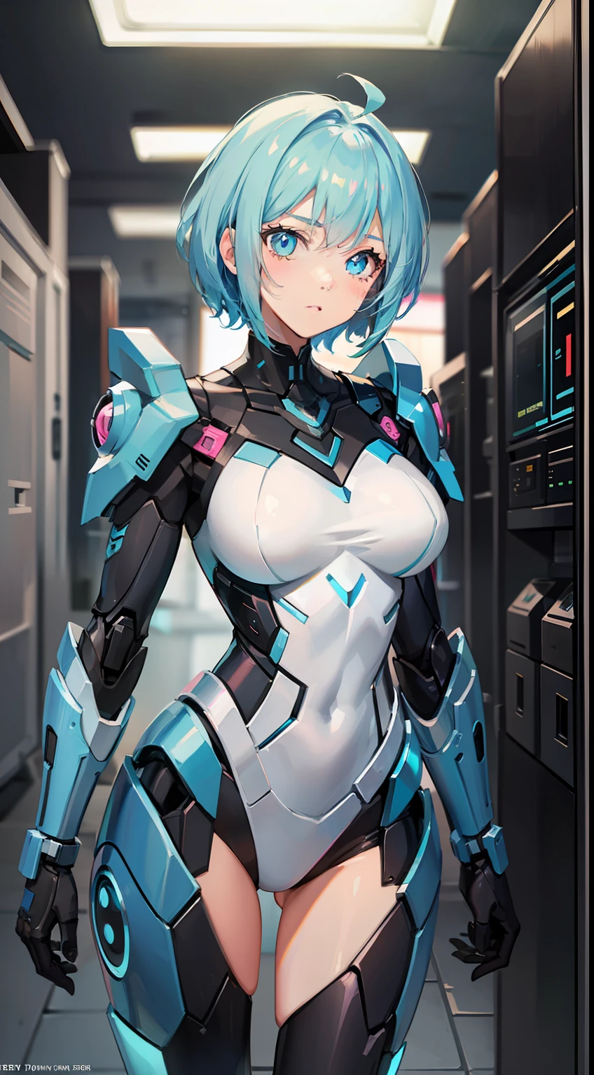 Adult woman, Short blue hair, Cyan eyes, Autobot's pink armor, arch, Masterpiece, hiquality