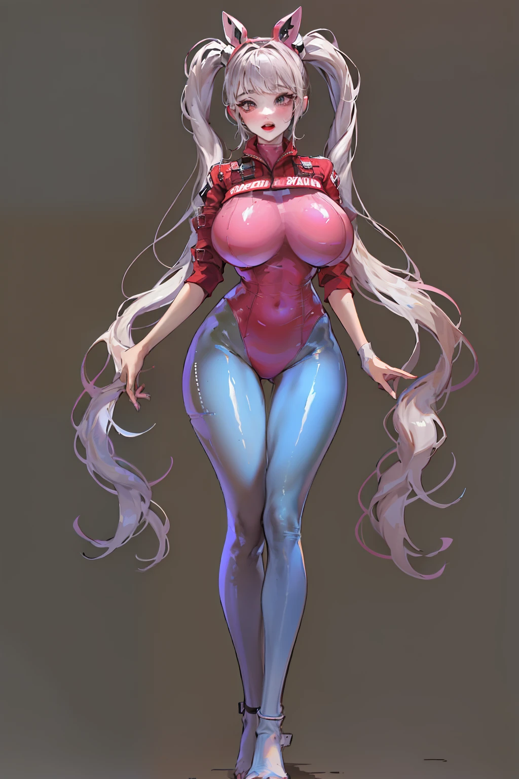 full bodyesbian，Three beauties，Stand in a row，One-piece tights，Conjoinment，Blue latex set，Standing on the ground，huge tit，Slim，long leges，Stand up straight，nothing background，Slim，extra long leg，Exhibited，Mannequin，