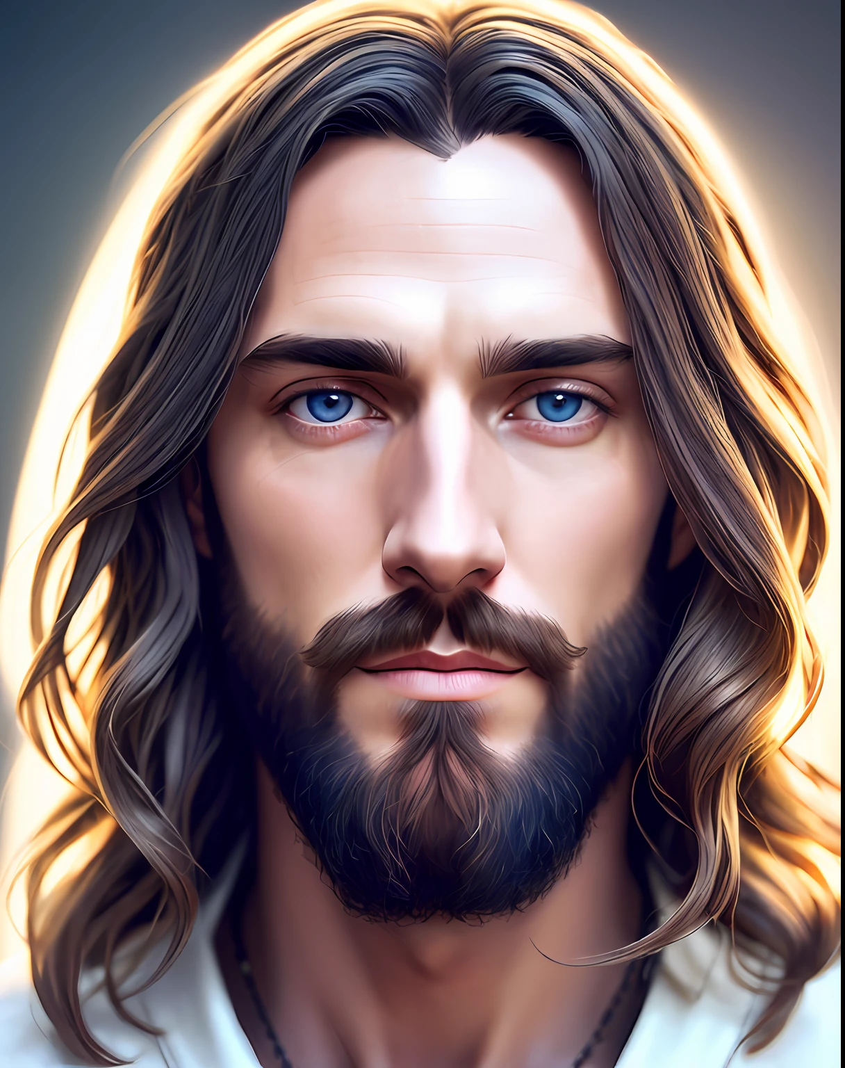(symmetry),centered,a ((close)) up portrait,(Jesus),a very thin white man with long hair and a beard,wearing a long white robe,35mm,natural skin,clothes detail, 8k texture, 8k, insane details, intricate details, hyperdetailedhighly detailed,realistic,soft cinematic light,HDR,sharp focus, ((((cinematic look)))),intricate, elegant, highly detailed