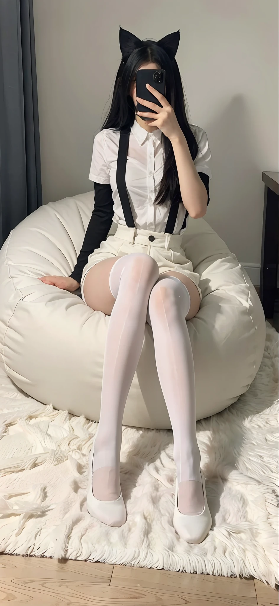 Arakfi sat on the bean bag,Take a selfie with your phone in the mirror, Black socks with suspenders ,blackstockings,lacepantyhose, Anime Barbie in suspender black stockings, Stockings, With black sock suspenders ,blackstockings,lacepantyhose, There are no shoes on the thighs, white with black spots, Wearing white tights, thighs high socks, White tights, wearing in stocking, Beautiful arms and legs, Wearing stockings, Close-up of legs with beautiful hands with cat ears on the head