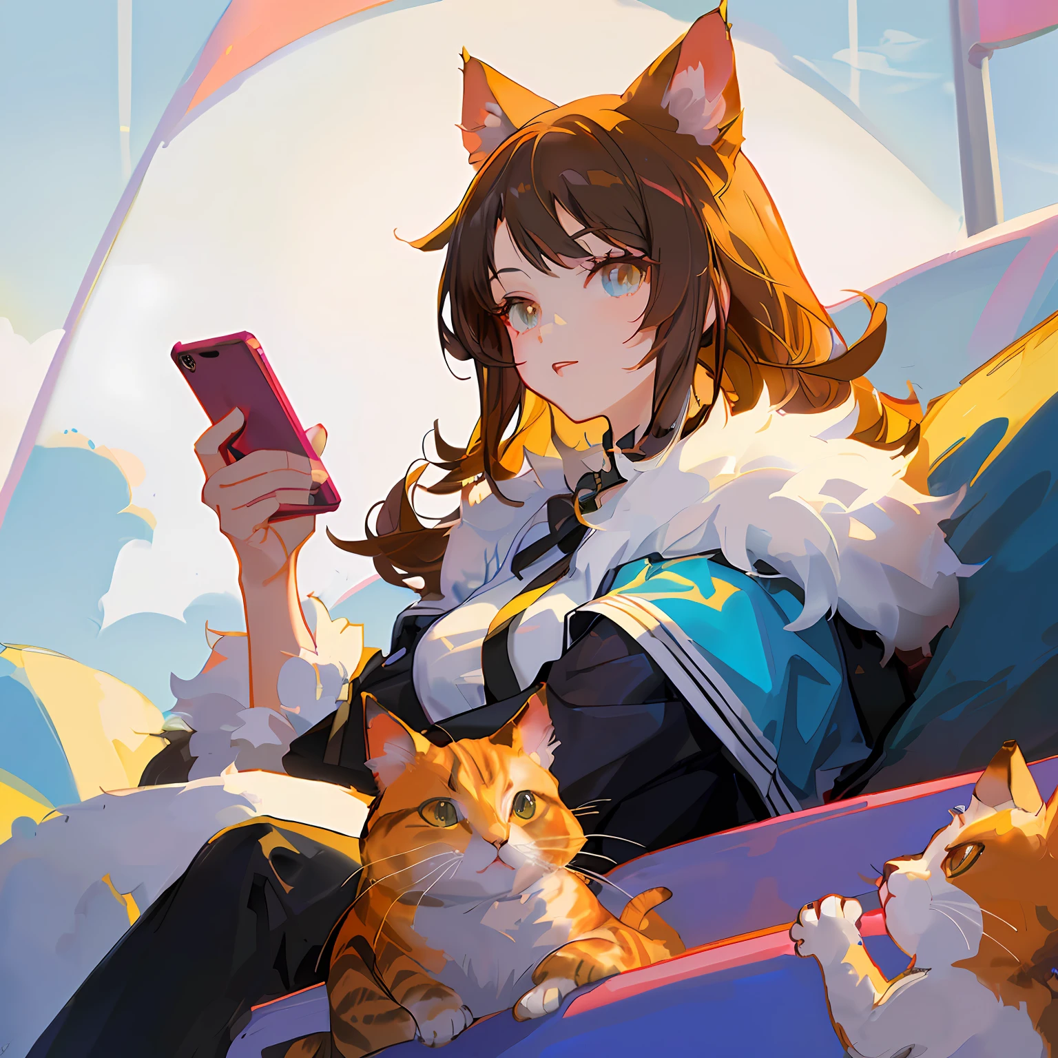 Anime characters with cats and mobile phones in hand, Artgerm and Atey Ghailan, anime catgirl, beautiful anime catgirl, cute anime catgirl, cat woman, anime cat, by Yang J, Digital anime illustration, by Kamagurka, trending on artstation pixiv, anime girl with cat ears, beautiful young catgirl