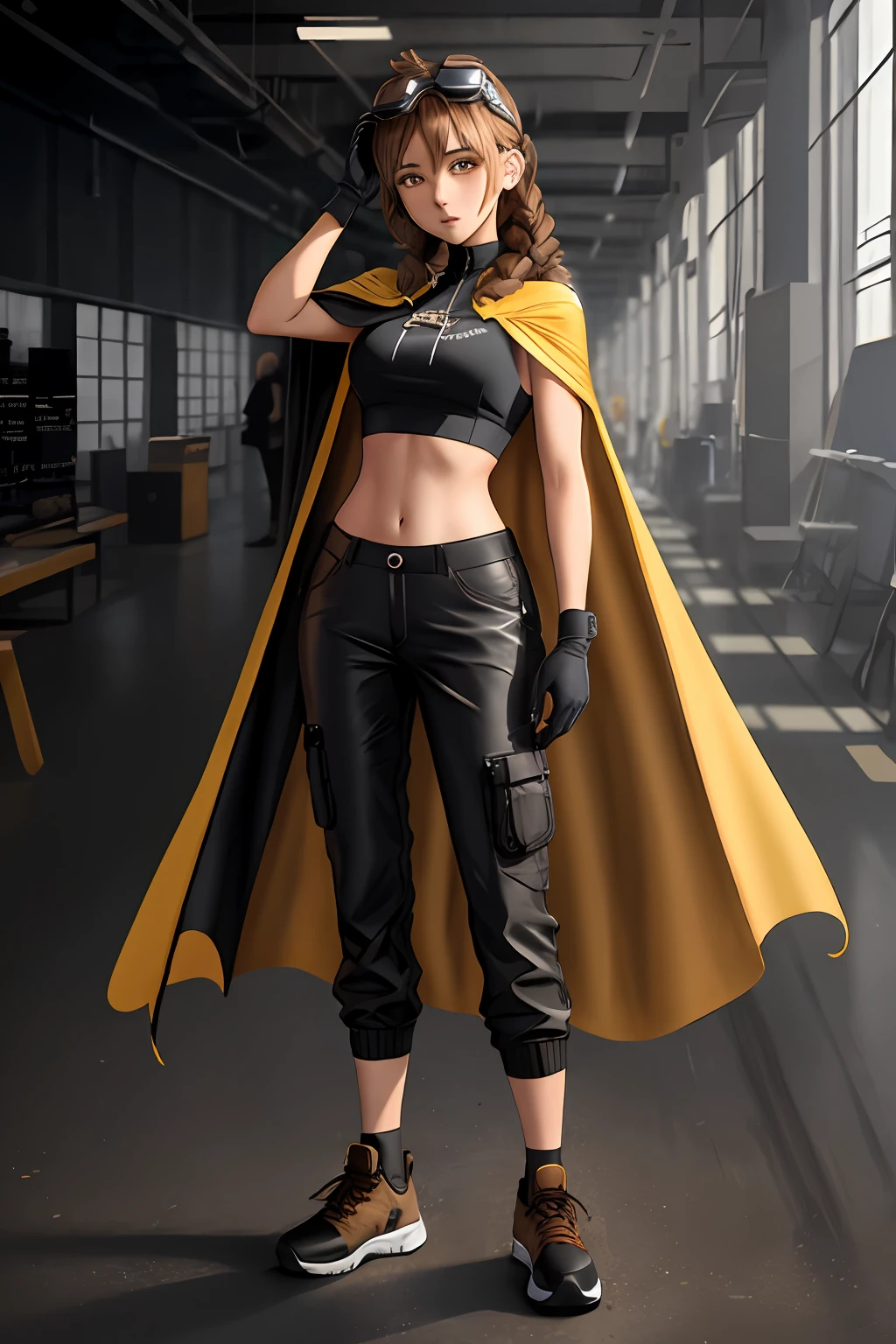 1girl, solo, gloves, fingerless gloves, braid, black footwear, ahoge, navel, long hair, pants, black gloves, headset, goggles, goggles on head, midriff, brown hair, cloak, yellow eyes, crop top, standing, brown eyes, black pants, shoes, cape