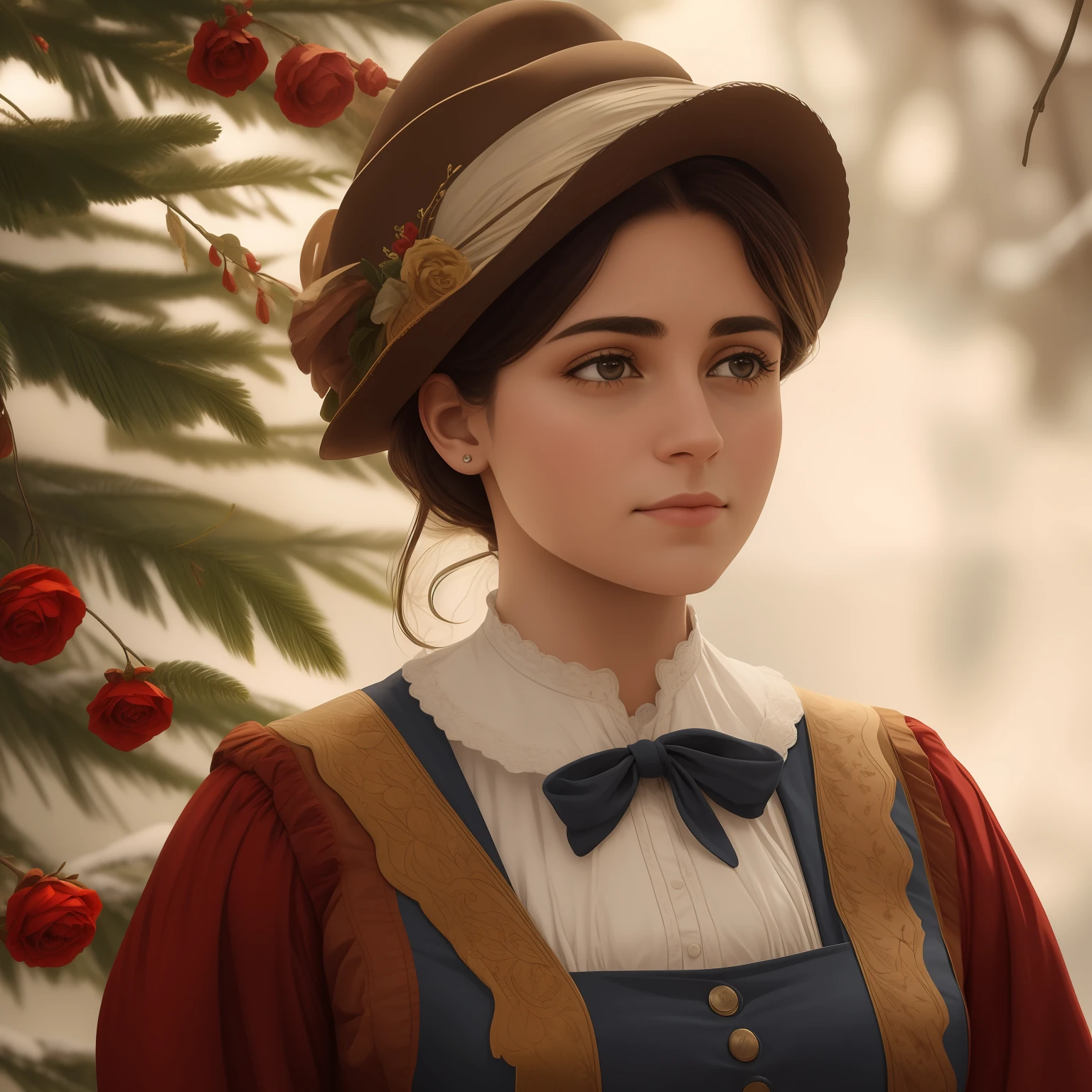 Imagine uma mulher jovem de 23 anos doente em seu leito de dor, Realistic photo of the nineteenth century, Colors of the Season,