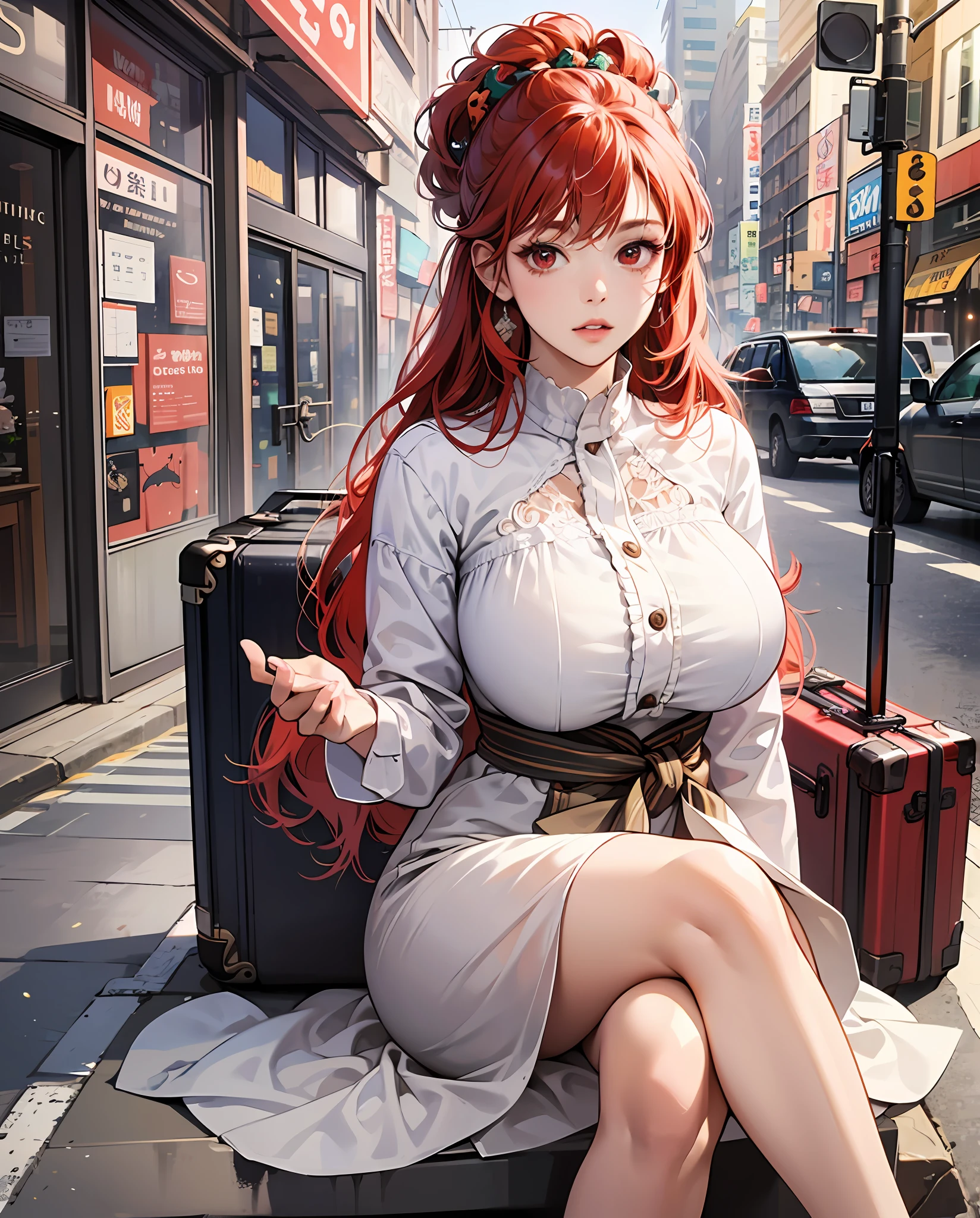 (masterpiece:1.2, best quality), realistic, (real picture, intricate details, depth of field), (1girl, solo), make up, parted lips, highly-detailed, perfect face, (huge breasts:1.4), (skindentation), thick thighs, wide hips, small waist, tall, glossy coral lips, red hairs, red eyes, white casual outfit, Akihabara street, sitting at a cafe, suitcase --auto --s2