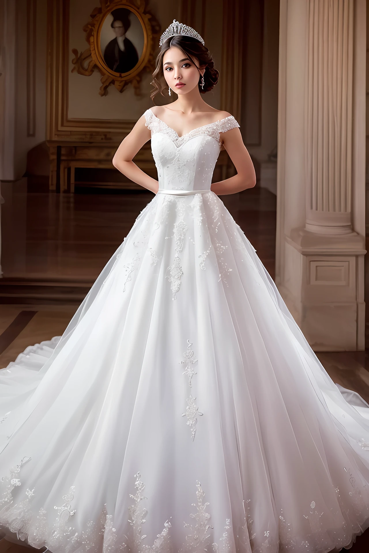 Fotografia de vestido de noiva estilo princesa cor branco enfeitado com tule e renda branca