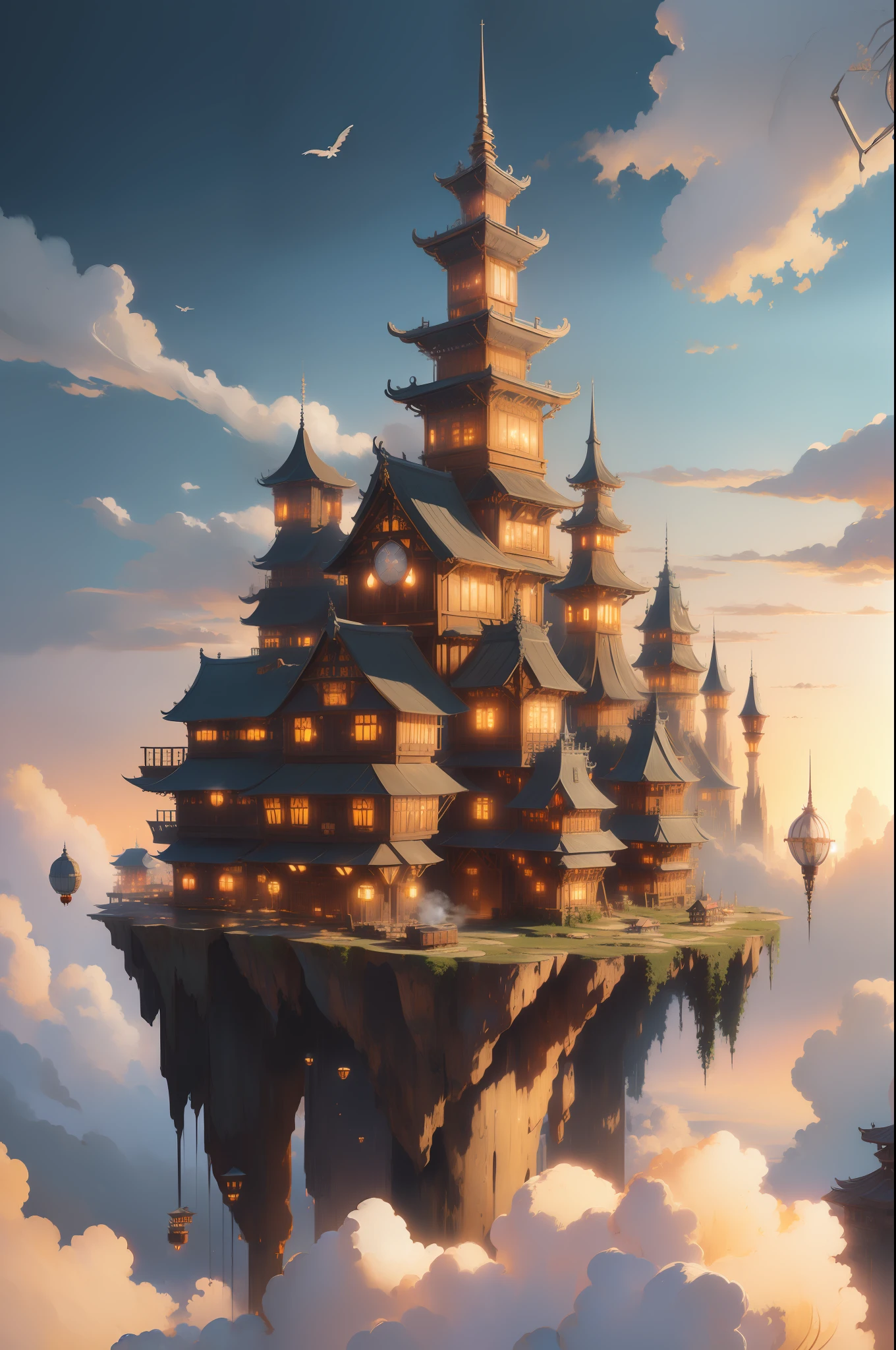 (((floating village in the sky))), clouds, magical town, tall spires reaching into the heavens, castles in the air, balloons and dirigibles, steam punk, neo medieval architecture, highly detailed, cinematic lighting, volumetric clouds, by Igor Oleinikov and Thomas Kinkade